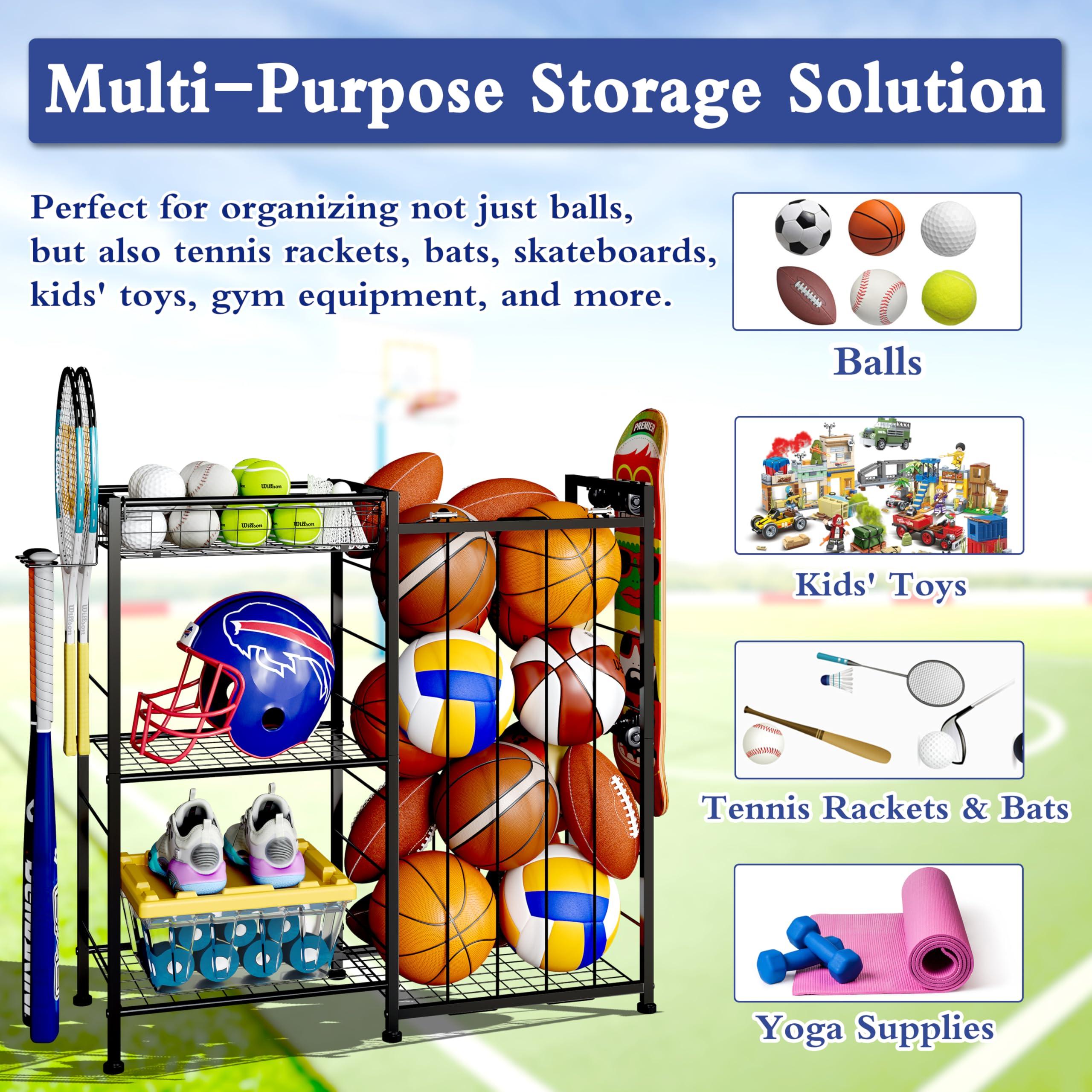 Sports Equipment Organizer, Ball Storage Rack with Elastic Straps and Removable Basket for Garage Organization, Garage Organizer with Hooks for Toy Sports Gear Storage, Sports Ball Storage Cart, Black - Image 7