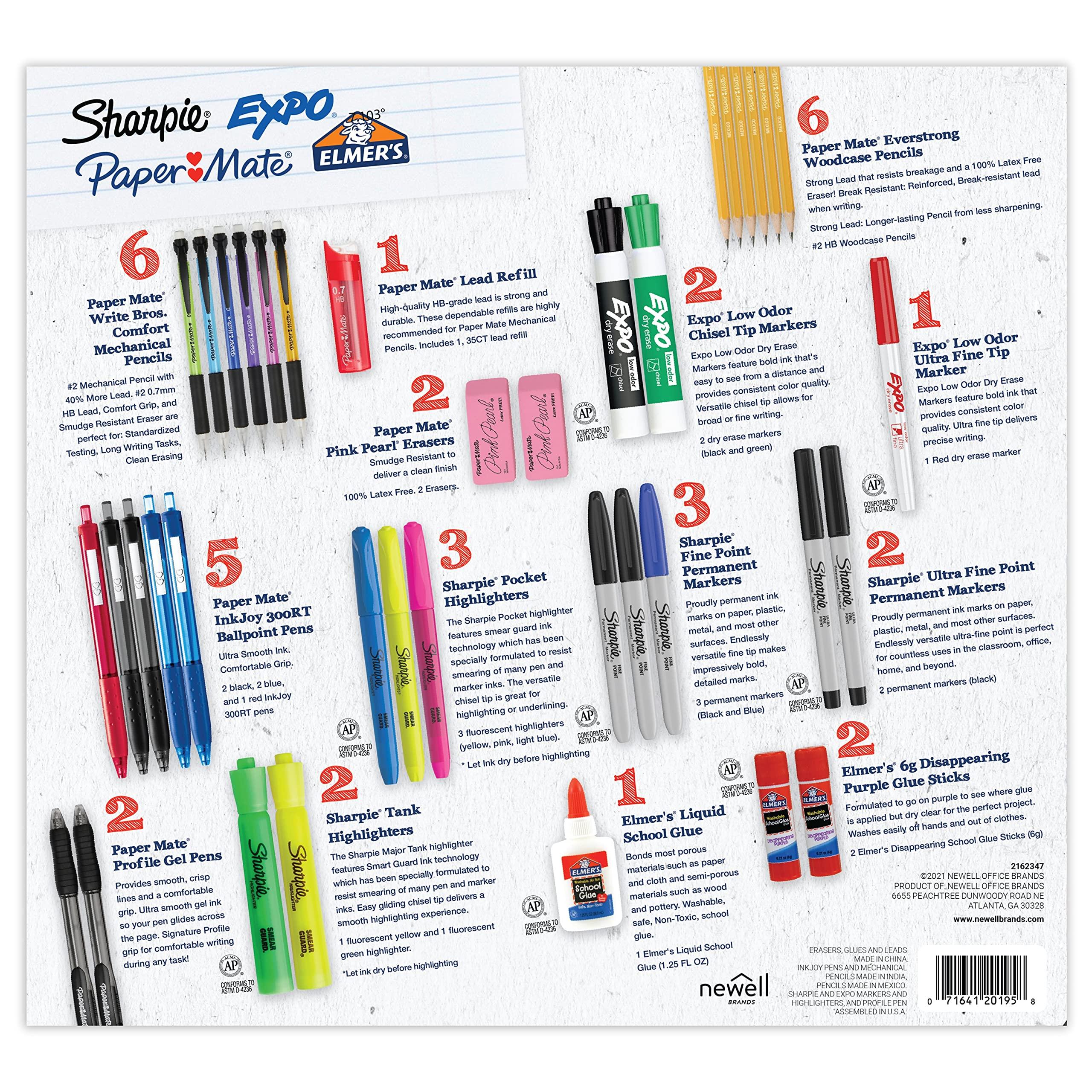 School Supplies Kit Highlighters Mechanical Pencils Glue Sticks Erasers Permanent Markers Gel Pens Pencils School Glue and more from Sharpie Elmer’s Paper Mate & Expo 38 pieces - Image 3