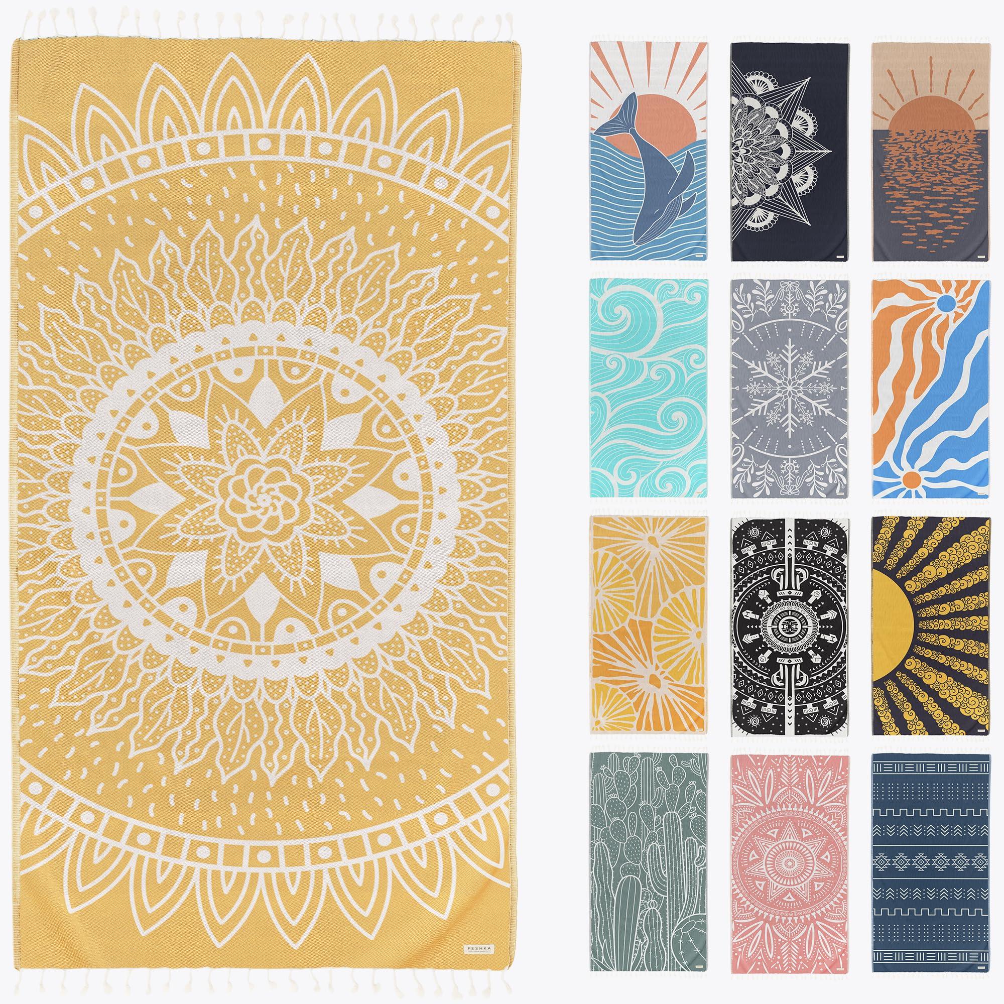 FESHKA Sand Free Turkish Beach Towel (37 x 67) Quick Dry Bath Towel, Oversized Beach Blanket, Lightweight for Travel - Made with 100% Organic Turkish Cotton - Sunflower (Yellow)
