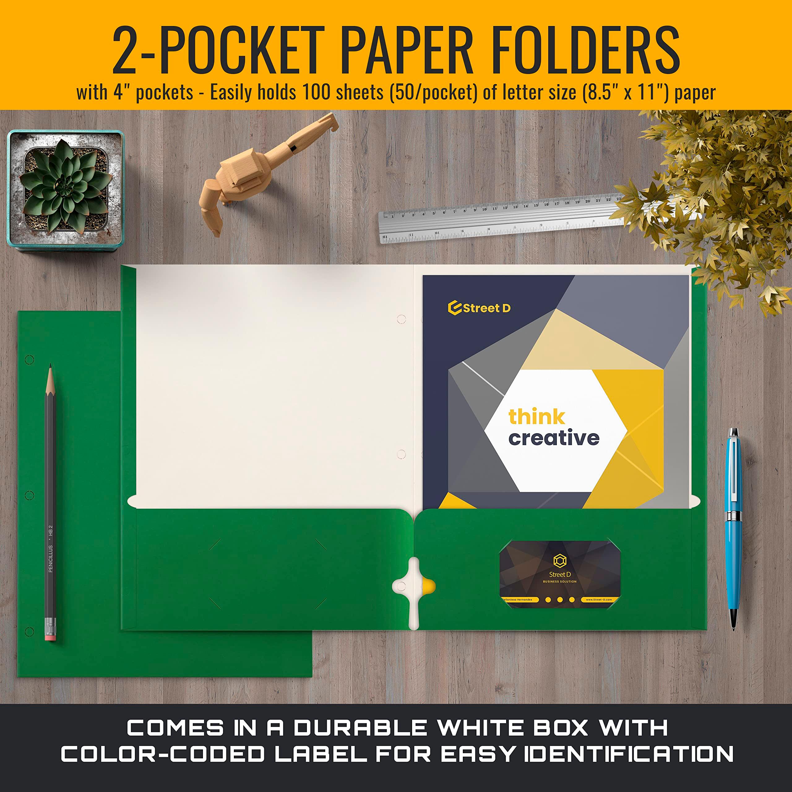 Better Office Products Two Pocket Portfolio Folders, 50-Pack, Green, Letter Size Paper Folders, 50 Pieces, Green - Image 3
