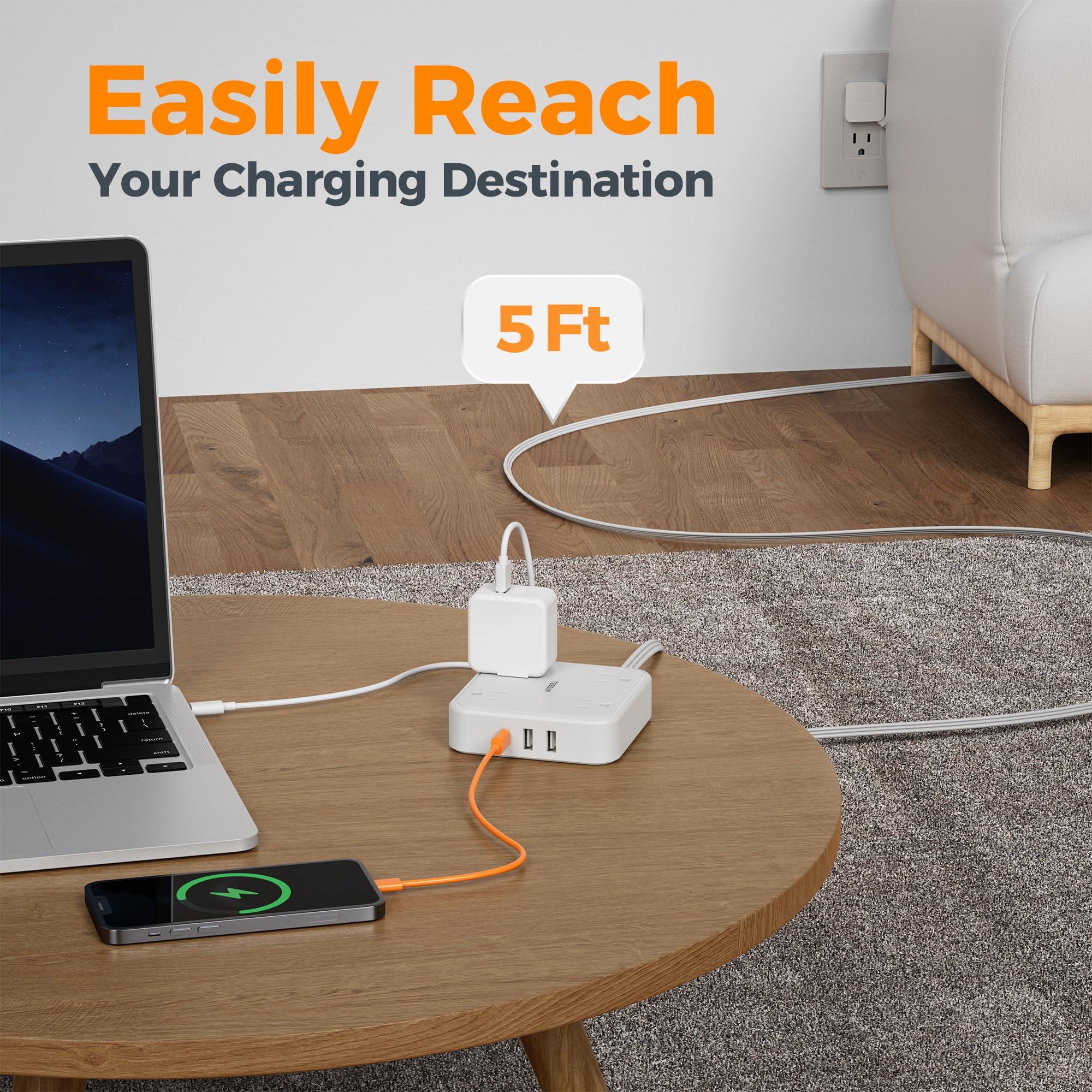 Surge Protector Flat Extension Cord 5FT, TESSAN Flat Plug Power Strip with 4 Outlets 3 USB C Ports (1 USB C), 900 Joules Protection, Multiple Wall Outlet Extender Suitable for Home Office Dorm, White - Image 5