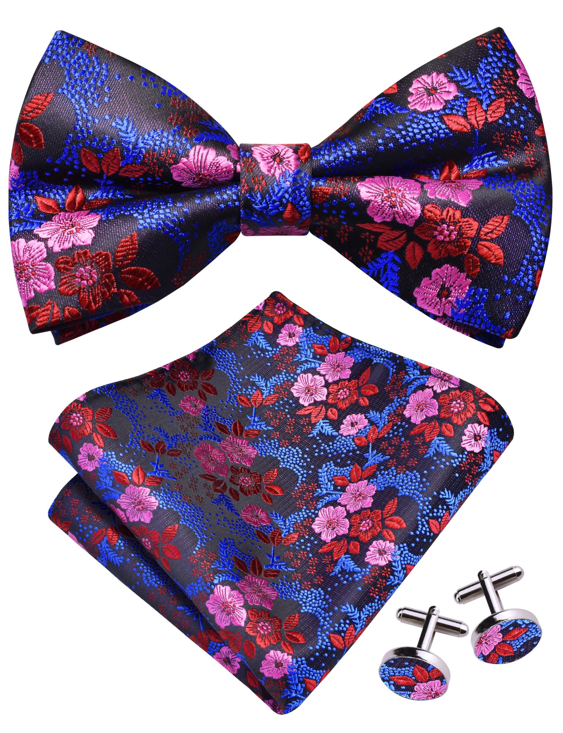 GUSLESON Mens Floral Bow Tie Handkerchief Jacquard Woven Adjustable Pre-Tied Bowties Pocket Square Cufflinks Set