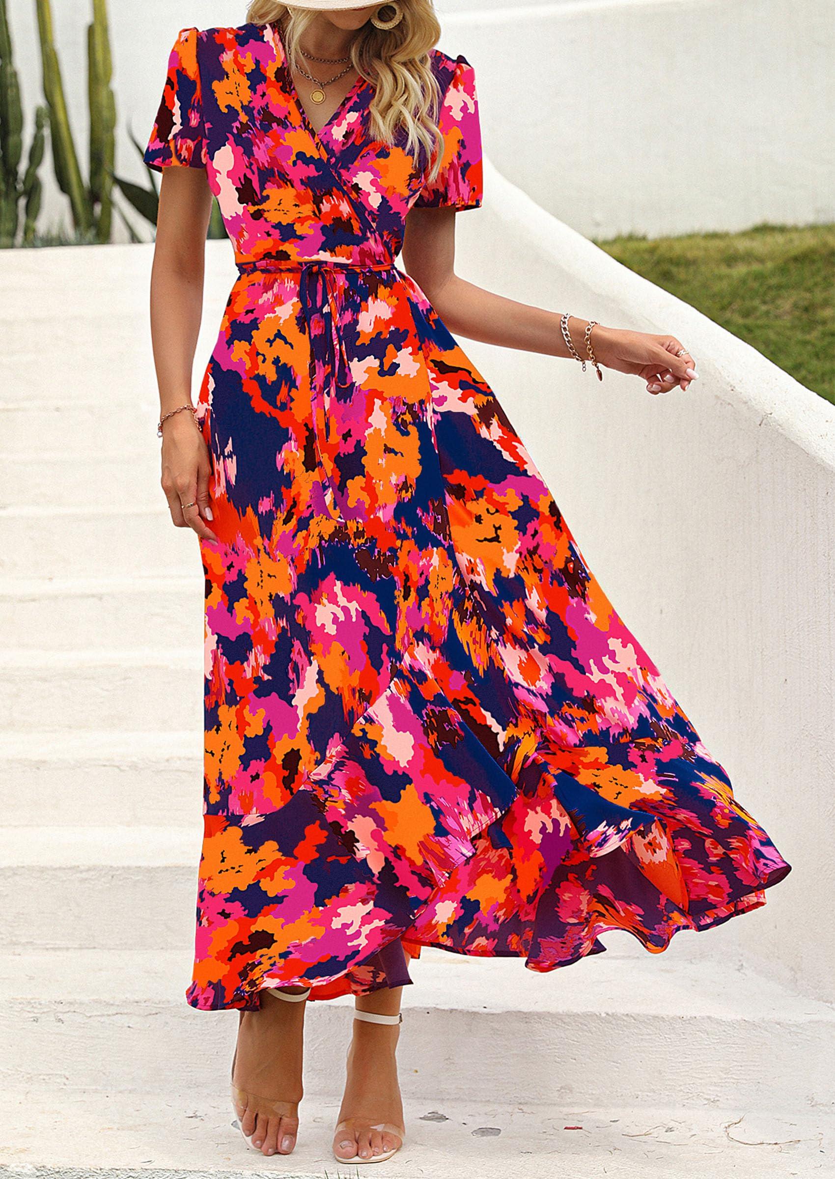 PRETTYGARDEN Women's Summer Maxi Dress Casual Wrap Floral Boho Short Sleeve V Neck Split Ruffle Beach Long Dresses - Image 4