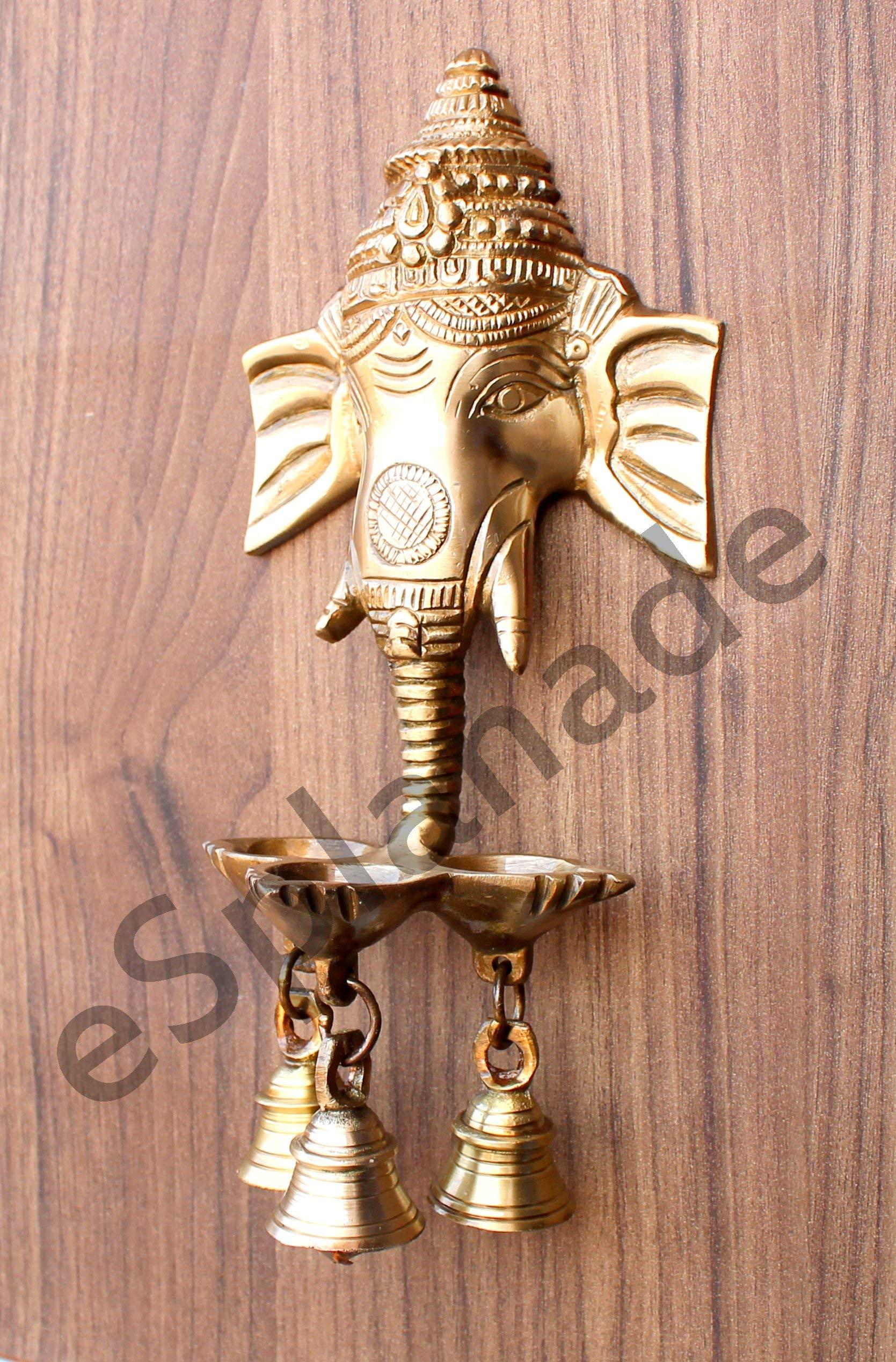 eSplanade - 9.5" Brass Ganesha Ganesh Ganpati Wall Hanging Deepak With Bells | Brass Diya | - Image 3