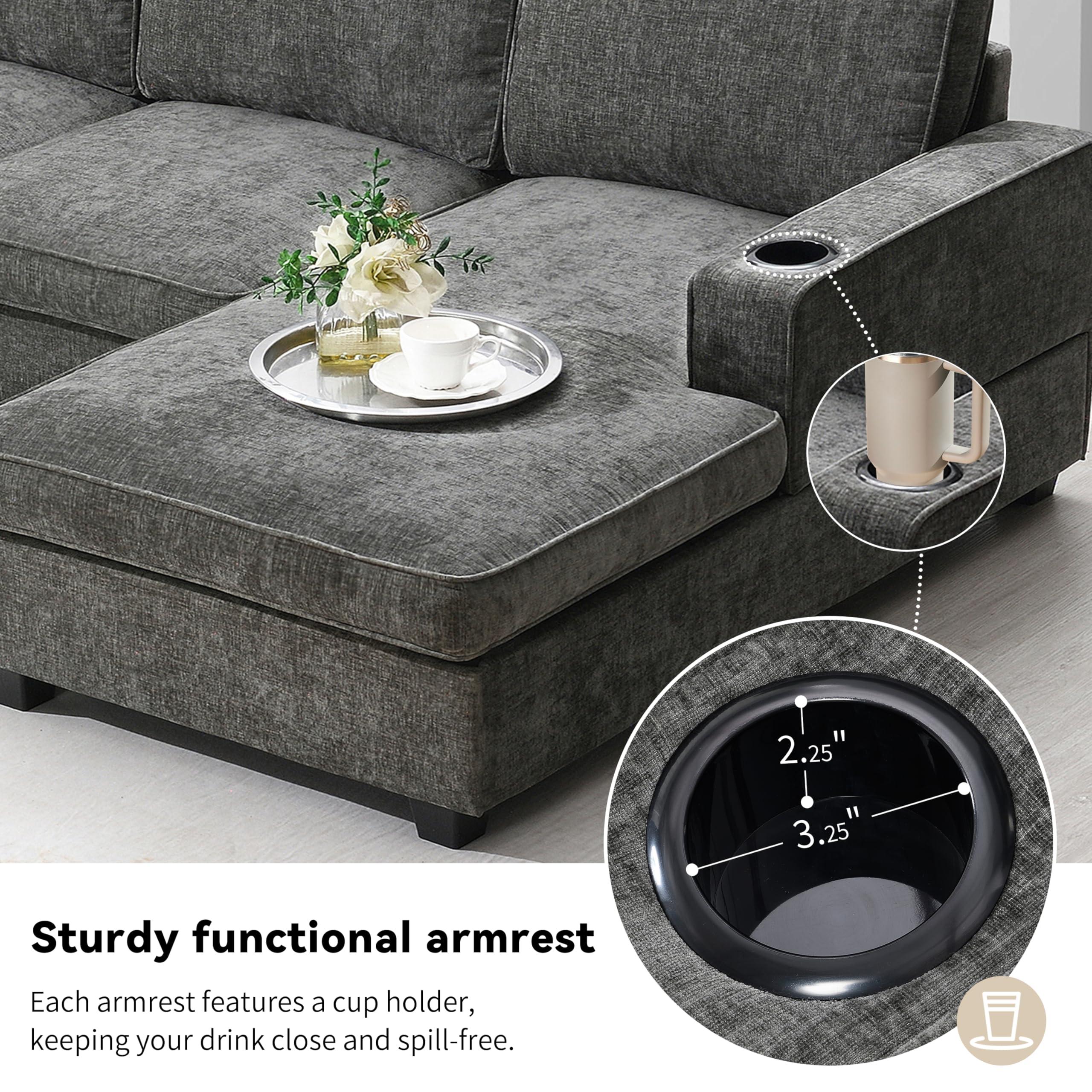Merax 119" U Shaped Sectional Sofa, 6 Seat Chenille Corner Couch Set with Oversized Chaise Lounge, Comfy with Cup Holders for Living Room, Apartment, Gray - Image 5