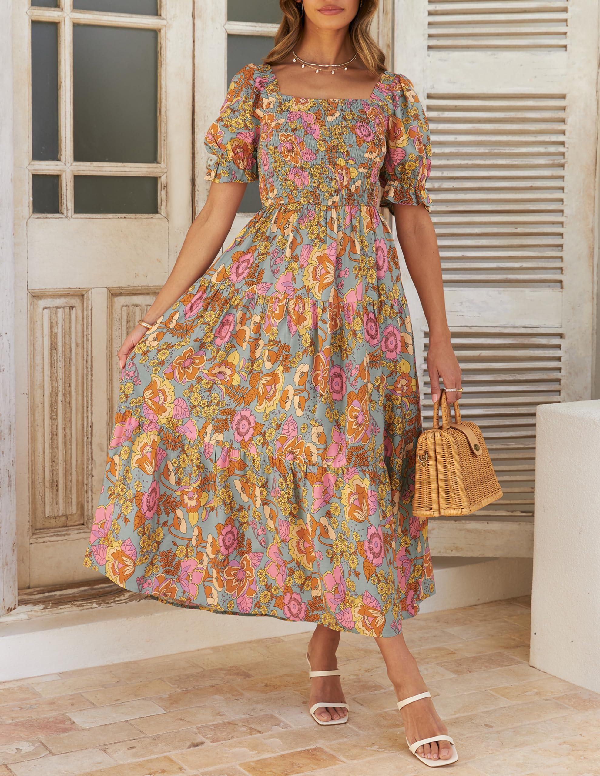 ZESICA Women's 2025 Summer Boho Floral Print Square Neck Ruffle Swing Beach Long Maxi Dress - Image 3