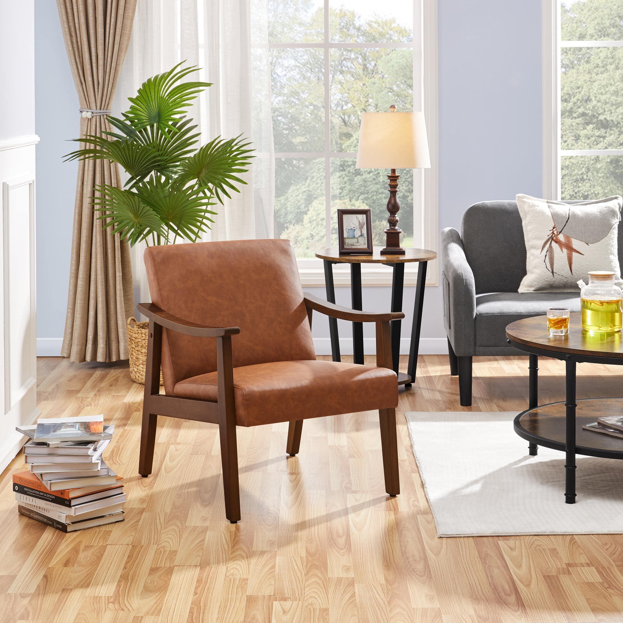 Yaheetech PU Leather Accent Chair, Mid-Century Modern Armchair with Solid Wood Legs, Reading Leisure Chair with High Back for Living Room Bedroom Waiting Room, Set of 2, Brown - Image 2