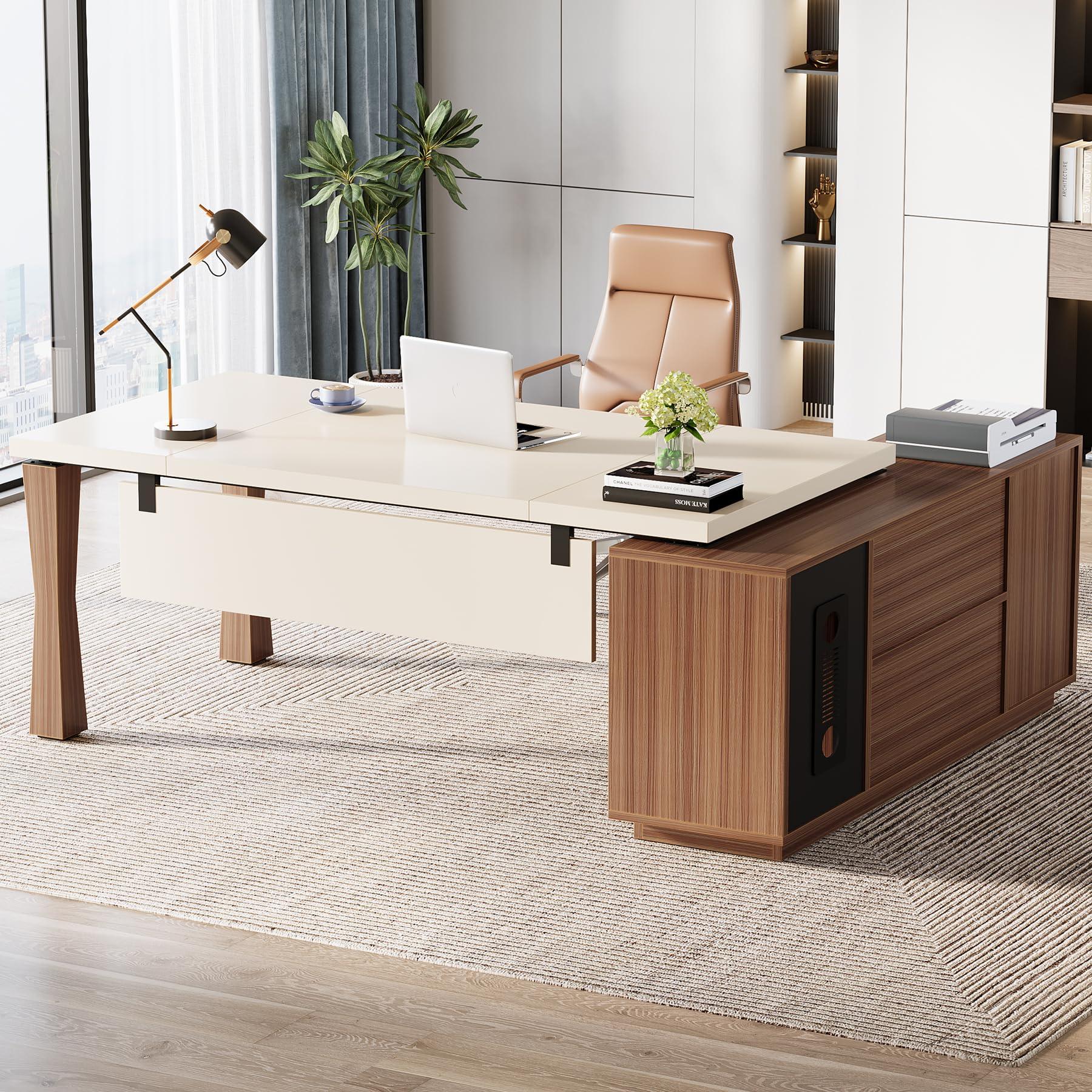 Tribesigns 78.7-Inch Executive Desk, L-Shaped Desk with Cabinet, Large Office Desk with Storage Shelves, Writing Table Business Furniture Set for Home Office, Cream White Walnut