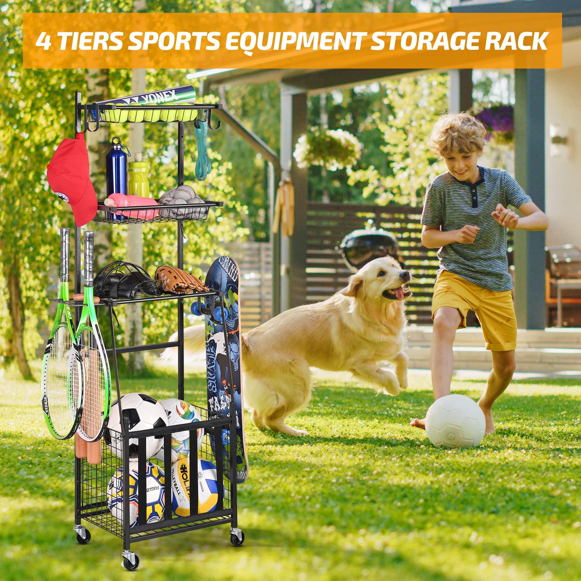 PLKOW Sports Equipment Storage for Garage, Indoor/Outdoor Sports Rack for Garage, Ball Storage Garage Organizer with Basket and Hooks,Toy/Sports Gear Storage - Image 6
