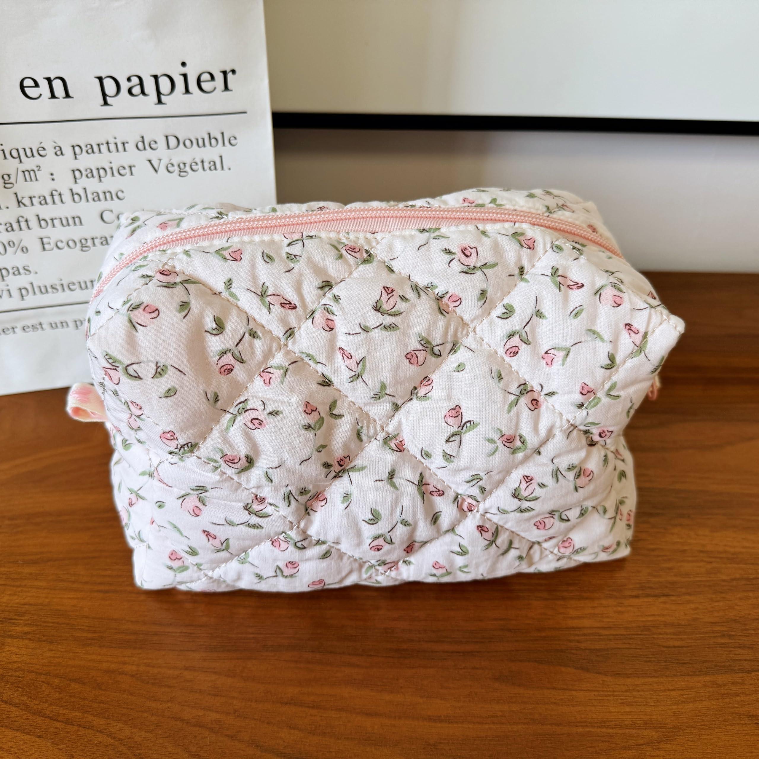 ZUNUONUO Cotton Quilted Makeup Bag Coquette Accessories Make up Bag Organizer Cute Floral Cosmetic Pouch Travel Makeup Bag for Women Rose - Image 2