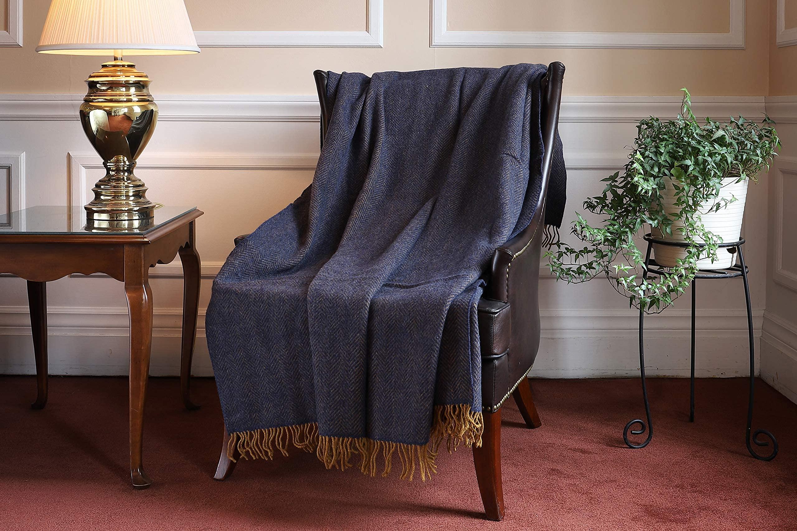 Premium Irish Cashmere & Merino Wool Blend Throw Blanket, 54" x 71 Inches, Soft Warm Feel, Imported from Ireland, Rich Classic Herringbone Pattern, Blue & Gold - Image 2