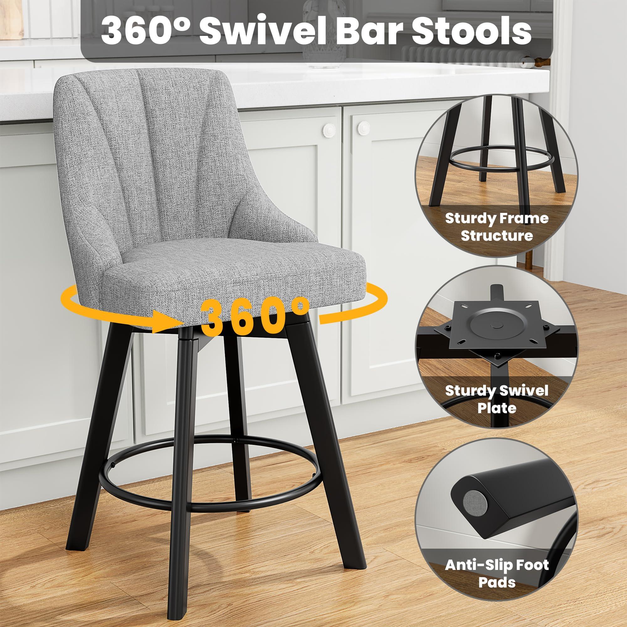 YaFiti Swivel Bar Stools with Backs, 24" Counter Height Bar Stools Set of 2, Fabric Upholstered Counter Barstools with Solid Wood Legs for Kitchen Island, Home Bar, Light Gray - Image 4
