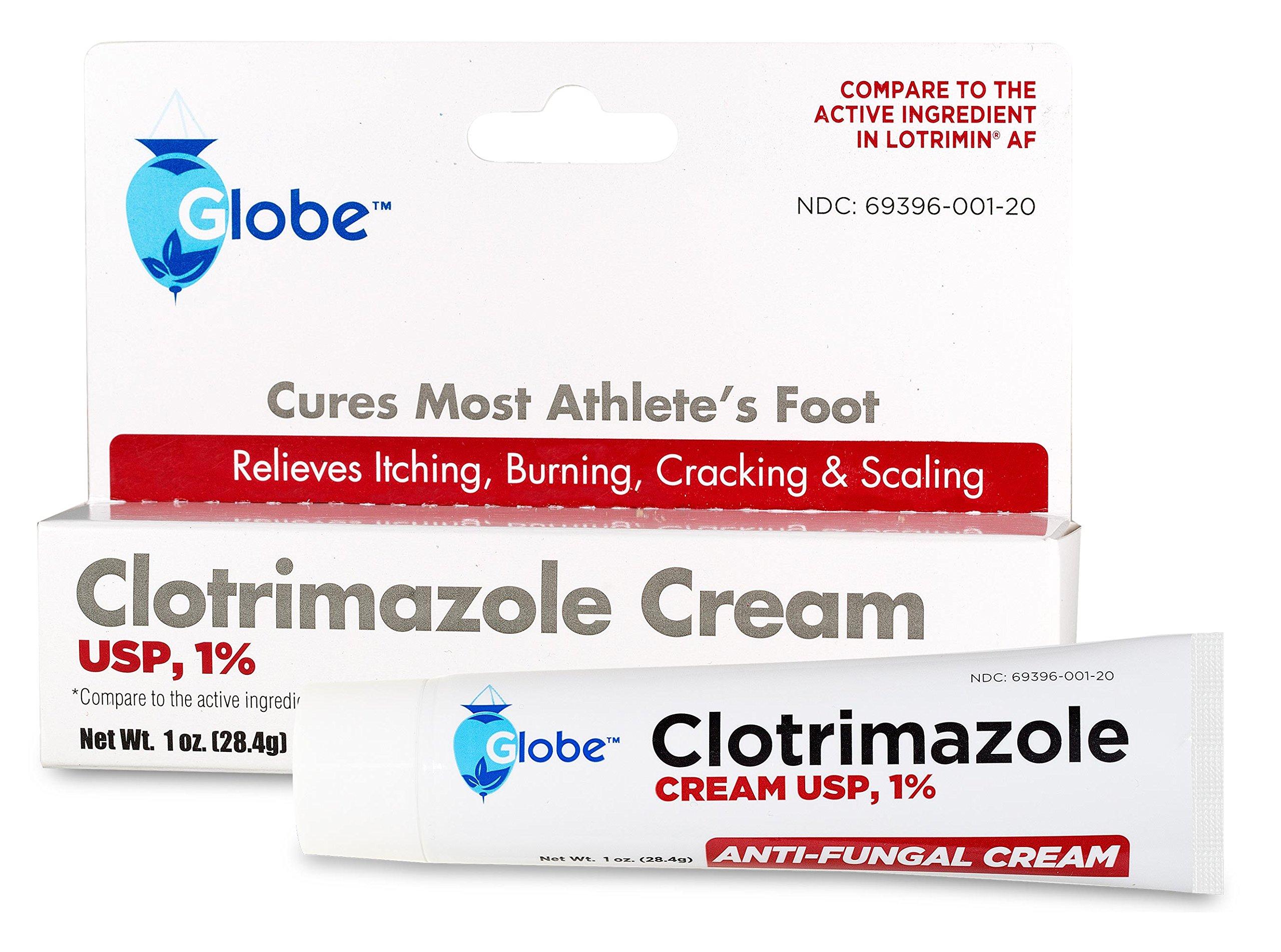 Globe Clotrimazole Antifungal Cream 1% USP (1 oz), Anti Fungal Treatment, Relieves Itching, Burning, Cracking and Scaling Associated Athletes Foot, Jock Itch, Ringworm and More