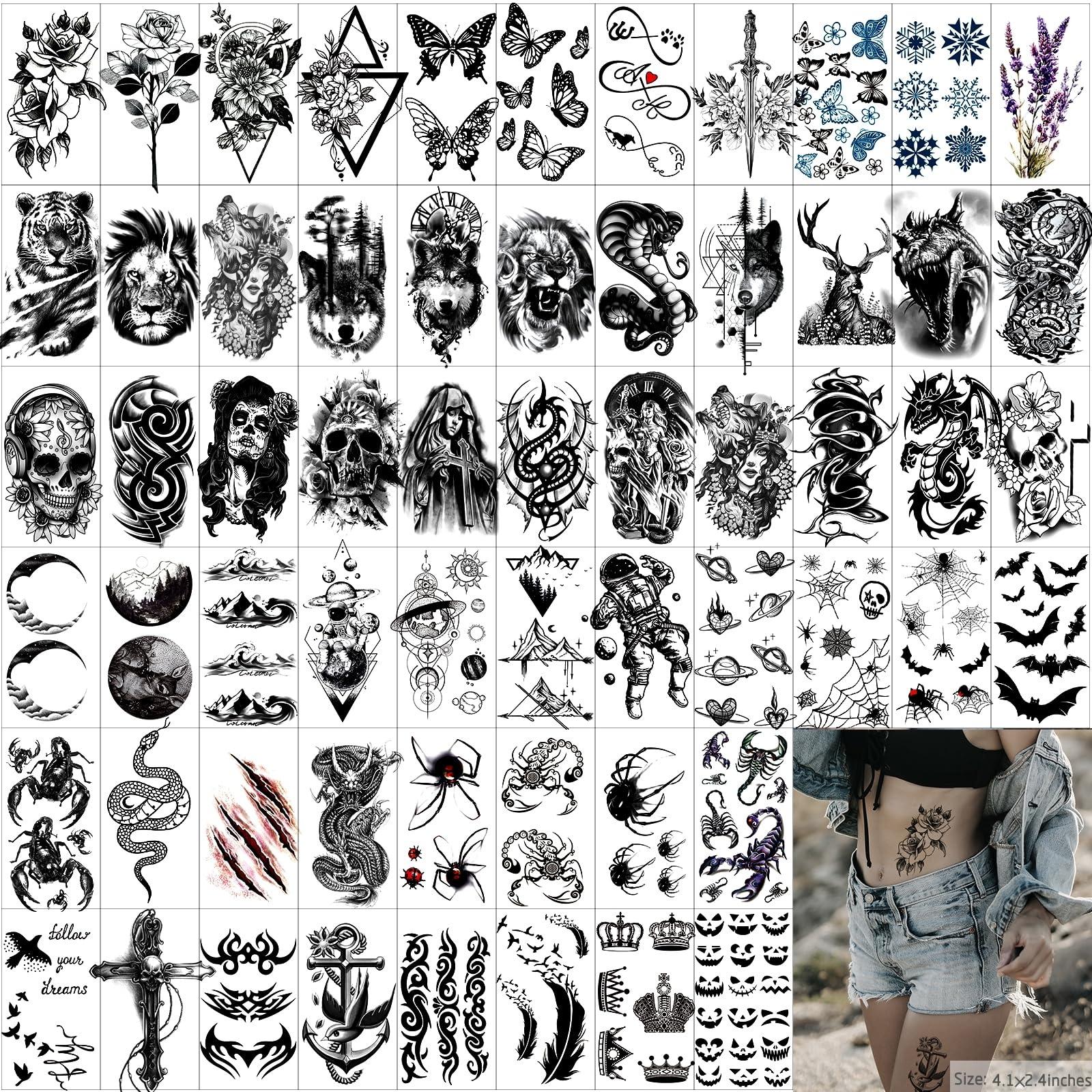 JEEFONNA 72 Sheets Temporary Tattoo for Men Women Adults, Include 12 Sheets Black 3D Half Sleeve Temporary Tattoos, Halloween Tattoos Scary Lion Wolf Tiger Skull Skeleton Tattoos Stickers - Image 5