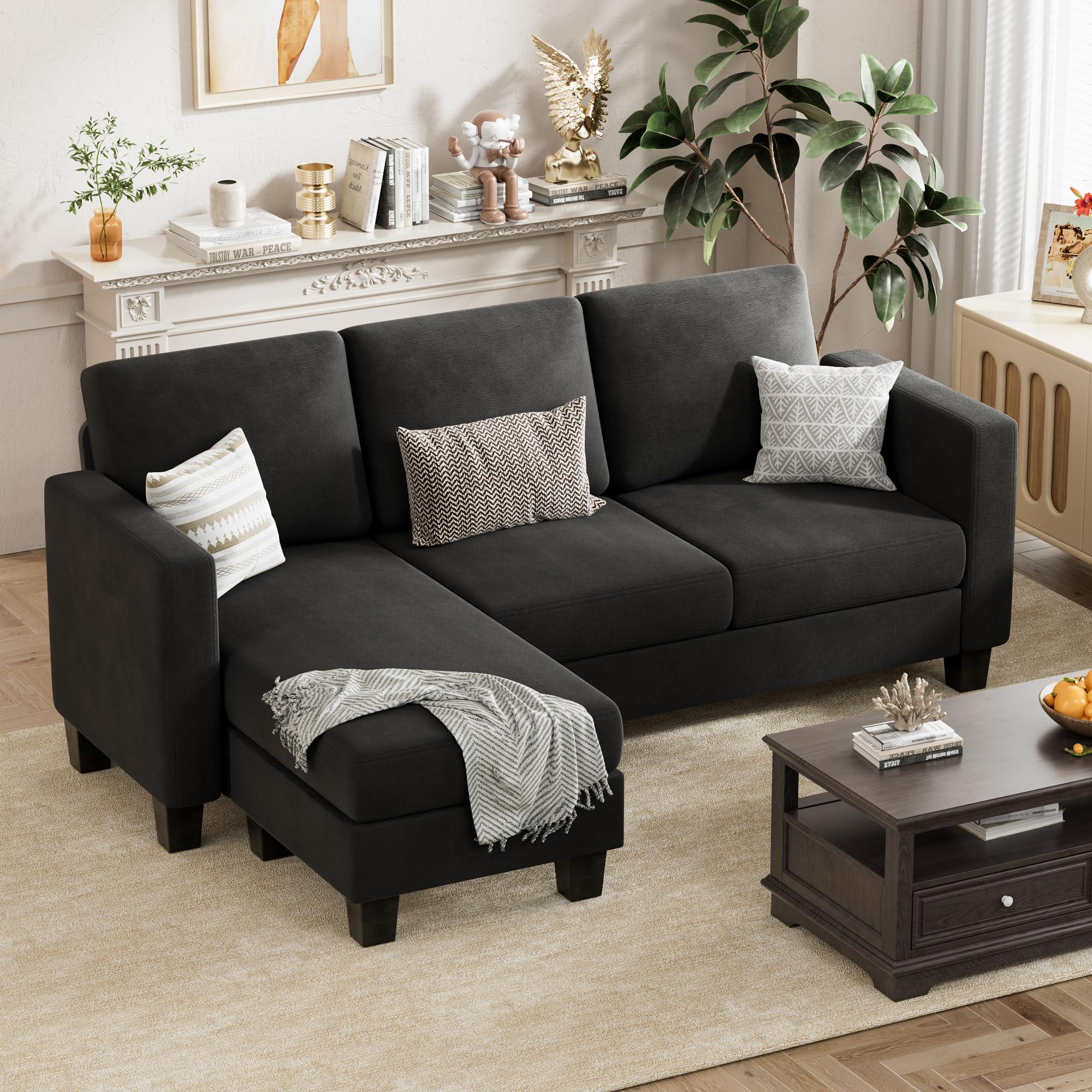 VICTONE Sectional Sofa Couch, 3 seat L-Shaped Small Sofa with Movable Ottoman Couch for Small Apartments, Living Rooms and Offices (Linen Fabric, Deep Grey) - Image 3