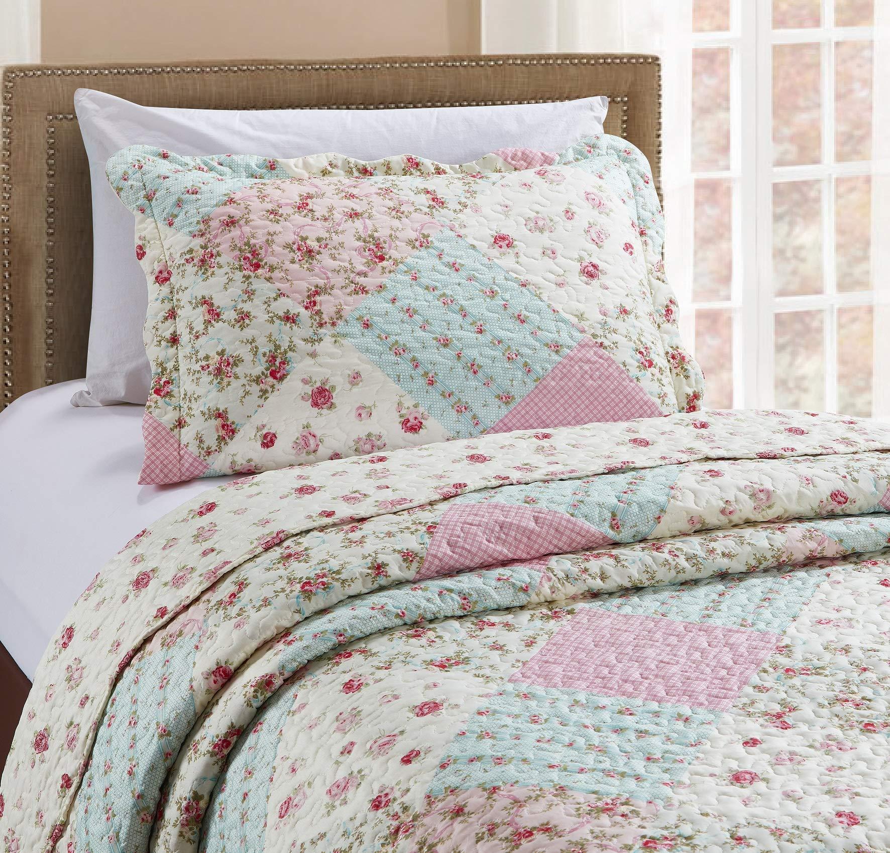 Brilliant Sunshine Roses Quilt Set, 2-Piece Bedding Sets with 1 Sham, Patchwork Design, Washable and Reversible Bedspread, Soft Lightweight Coverlet, All-Season, Twin/Twin XL, Pink Green - Image 3