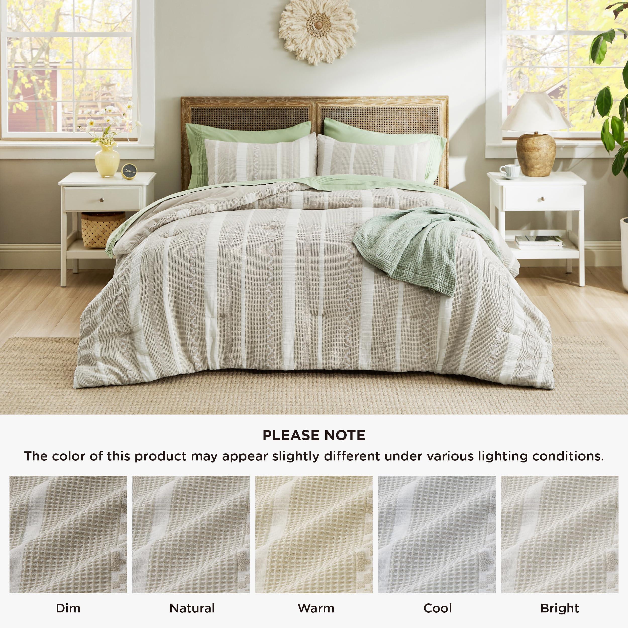 Bedsure Waffle Queen Comforter Set - Linen Soft Cotton Bedding Set for All Seasons, Stripe Fluffy Bed Set 3 Pieces with 1 Waffle Weave Comforter Queen Size and 2 Pillow Shams - Image 8