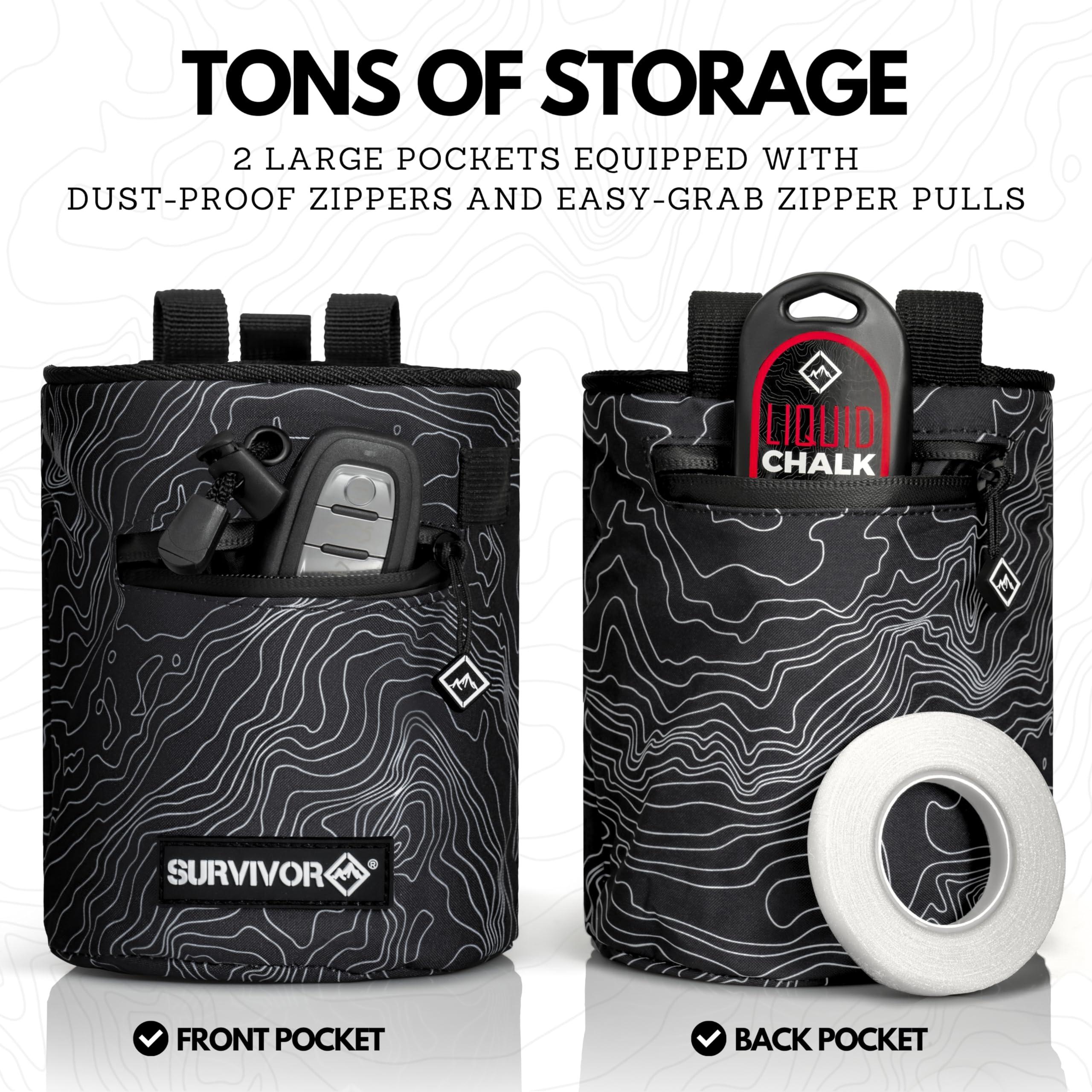 Chalk Bag + Refillable Chalk Ball - Iconic Topographical Map, Draw String Closure, 2 Zippered Pockets, & Brush Holder - Climbing Chalk Bag for Rock Climbing, Bouldering, Weightlifting, Gymnastics - Image 3