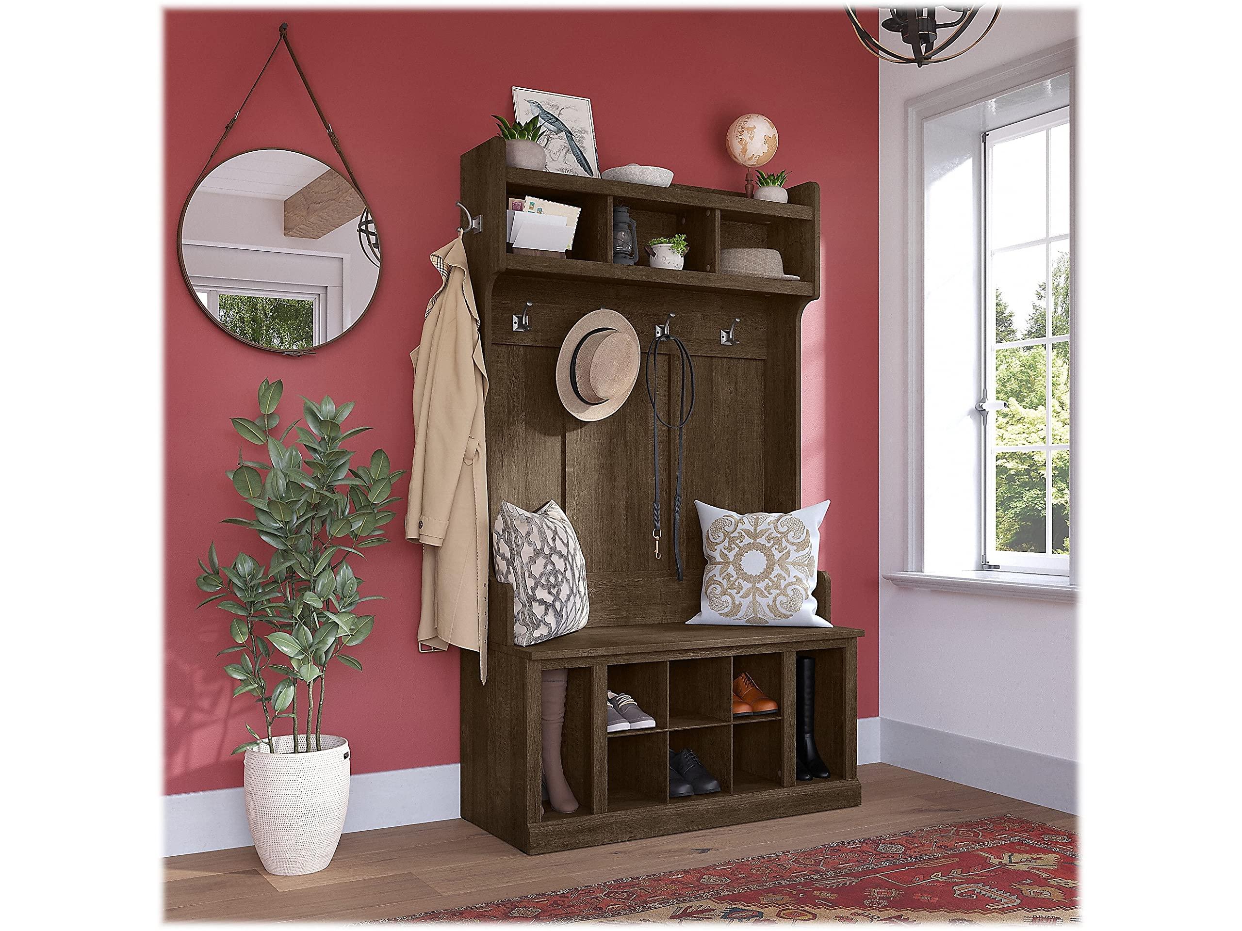 Bush Furniture Woodland 40W Hall Tree and Shoe Storage Bench with Shelves in Ash Brown, Cubbies and Coat Hooks for Foyer, Mudroom, or Entryway - Image 2