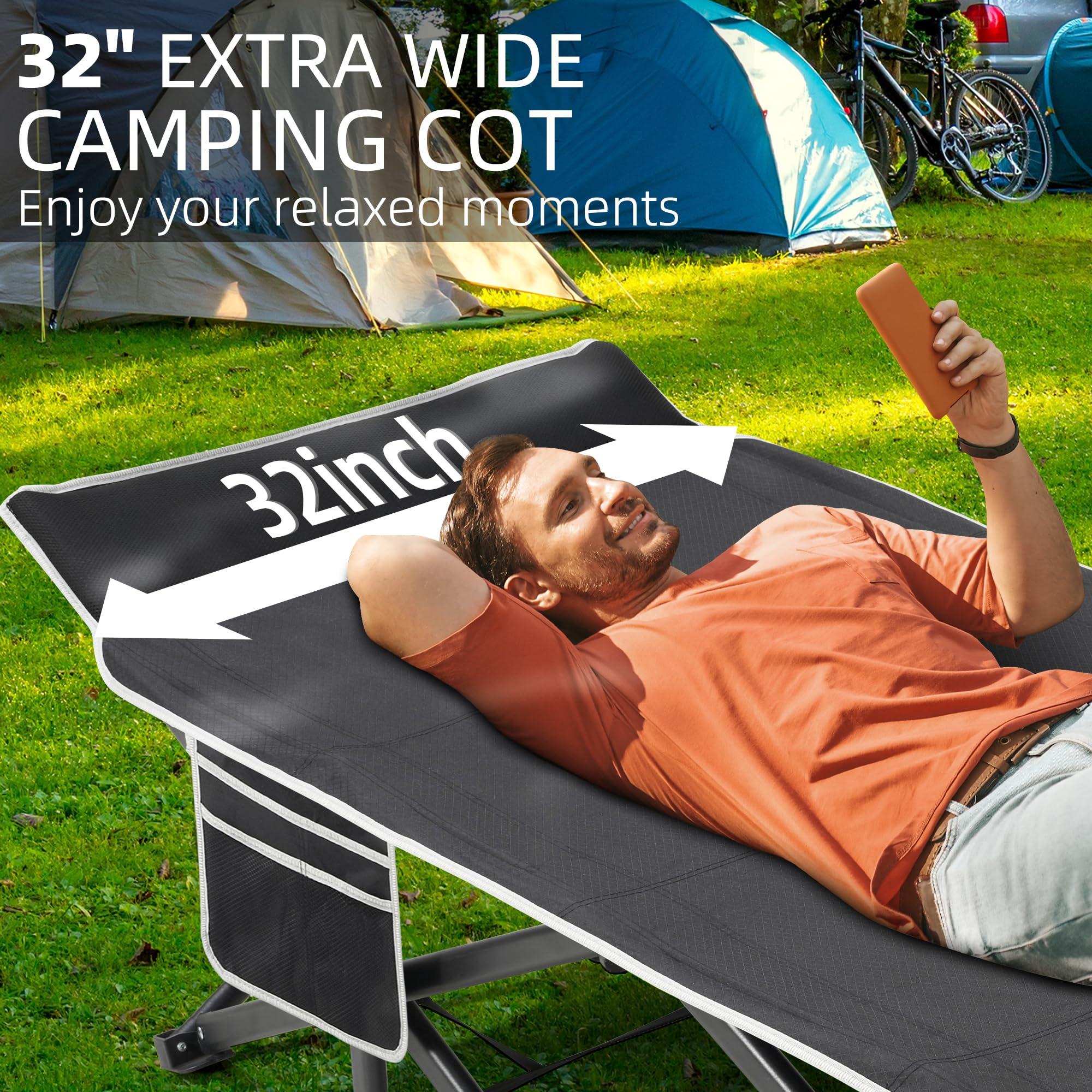 Fragess Portable Camping Cot, 32" Extra Wide Camping Cots for Adults with Thick Mattress, Heavy Duty Sleeping Cot Holds Up to 600LBS, Cots for Sleeping, Rv, Beach, Patio, Office Naps(Black) - Image 5