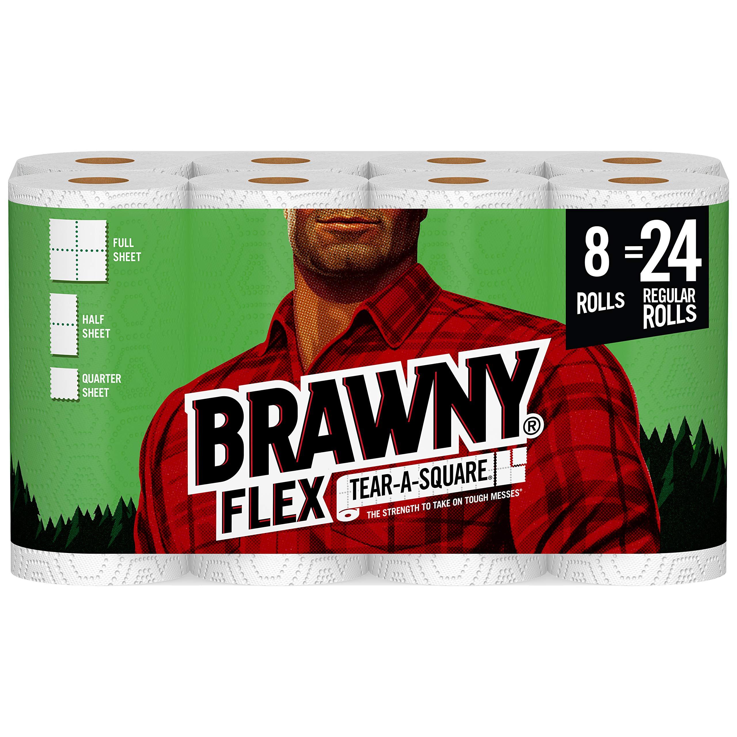Brawny Flex Paper Towels, 8 Triple Rolls = 24 Regular Rolls, Tear-A-Square, 3 Sheet Size Options, Quarter Size Sheets