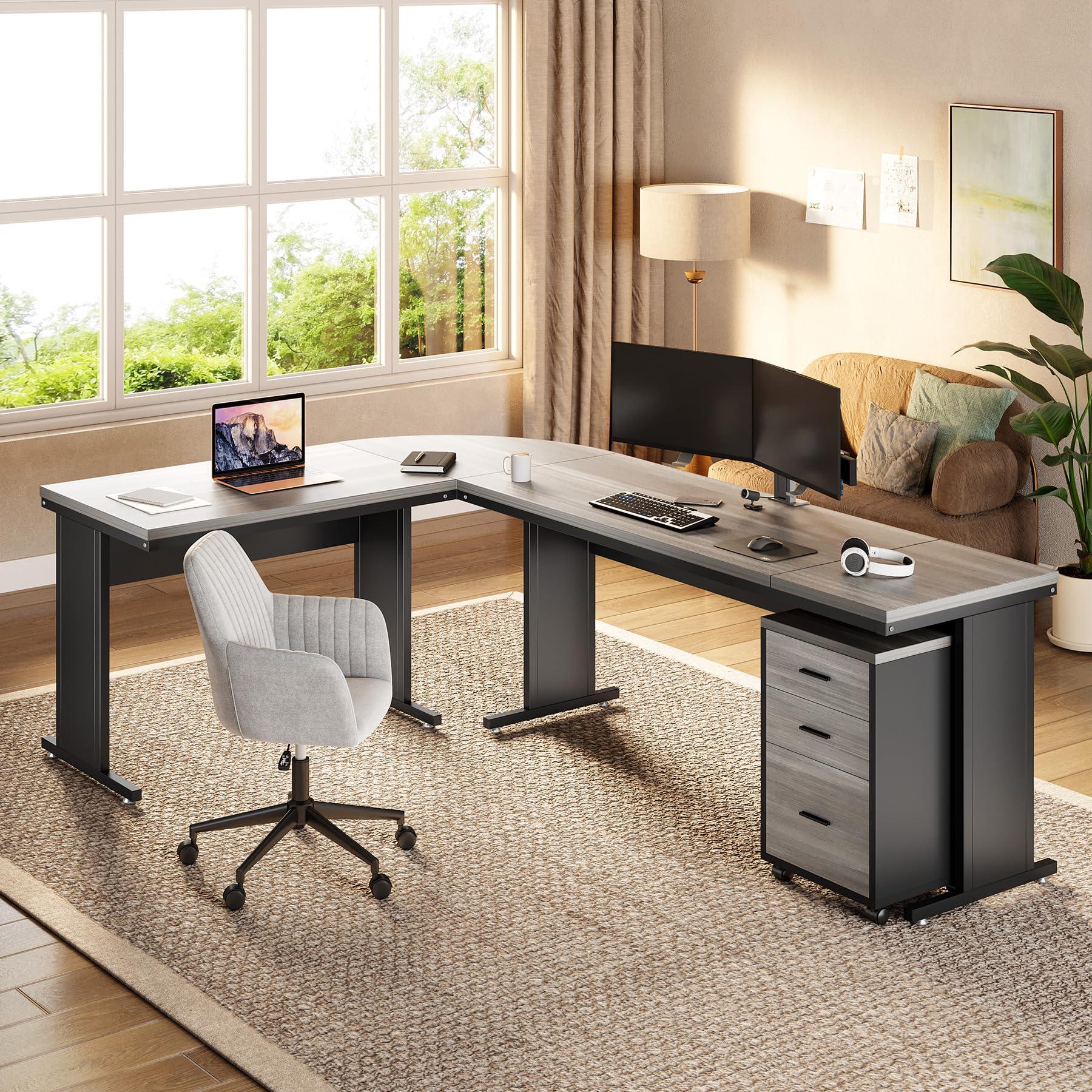 LITTLE TREE 82.67" Long Executive Desk with Drawers, Large L-Shaped Office Desk with Mobile File Cabinet, Farmhouse Computer Office Furniture Work Desk with Storage for Home Office, Gray - Image 8
