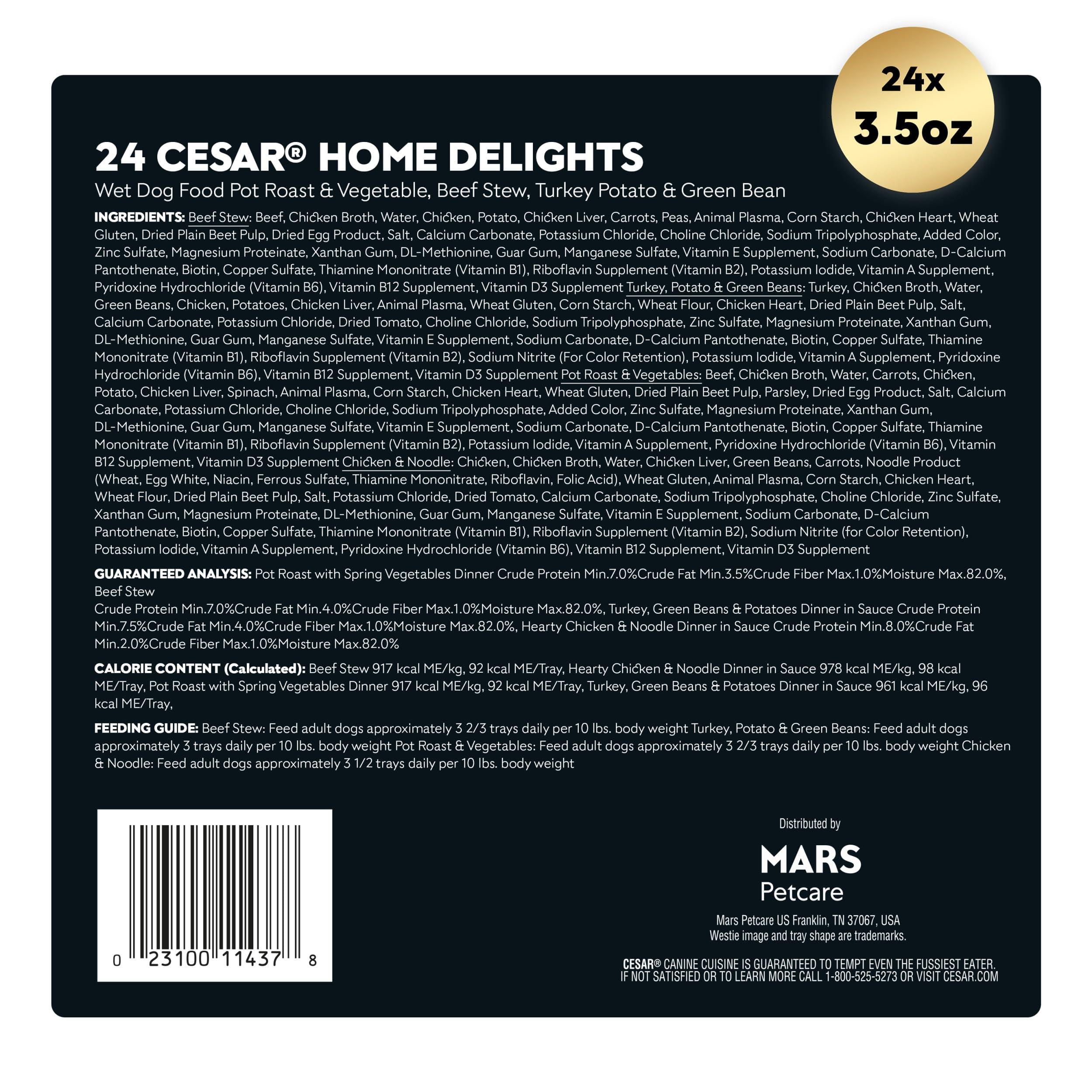 Cesar Home Delights Adult Wet Dog Food, Pot Roast with Spring Vegetables, Beef Stew, Turkey, Green Beans, & Potatoes, and Hearty Chicken & Noodle Variety Pack, 3.5 oz. (24 Count, Pack of 1) - Image 2