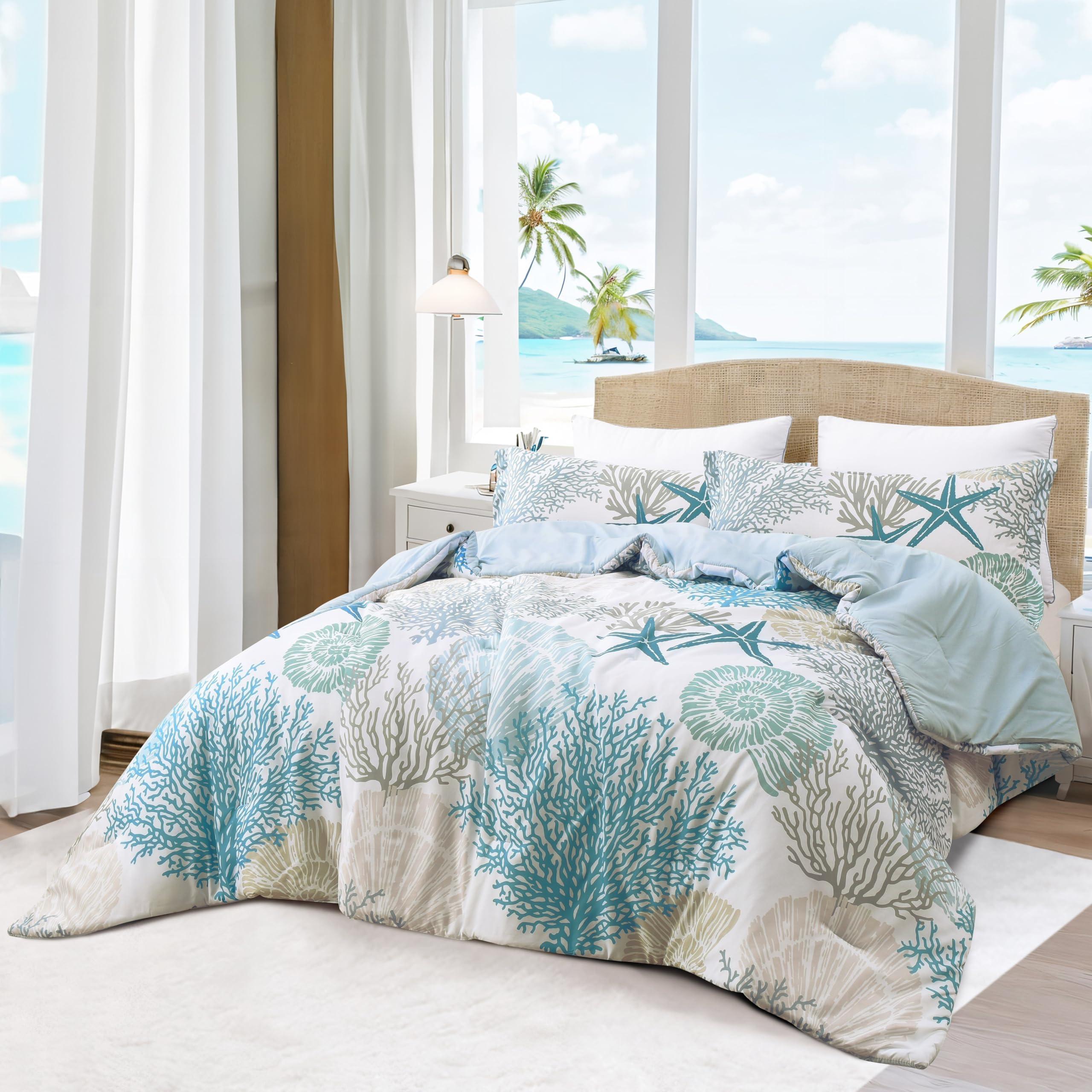 Tritard Coastal Comforter Set Queen Size 3 Piece, Soft Beach Themed Comforter, Ocean Nautical Lightweight Bedding Sets for All Seasons, (1 Reversible Comforter and 2 Pillow Shams), 90''x90'', C1 - Image 2