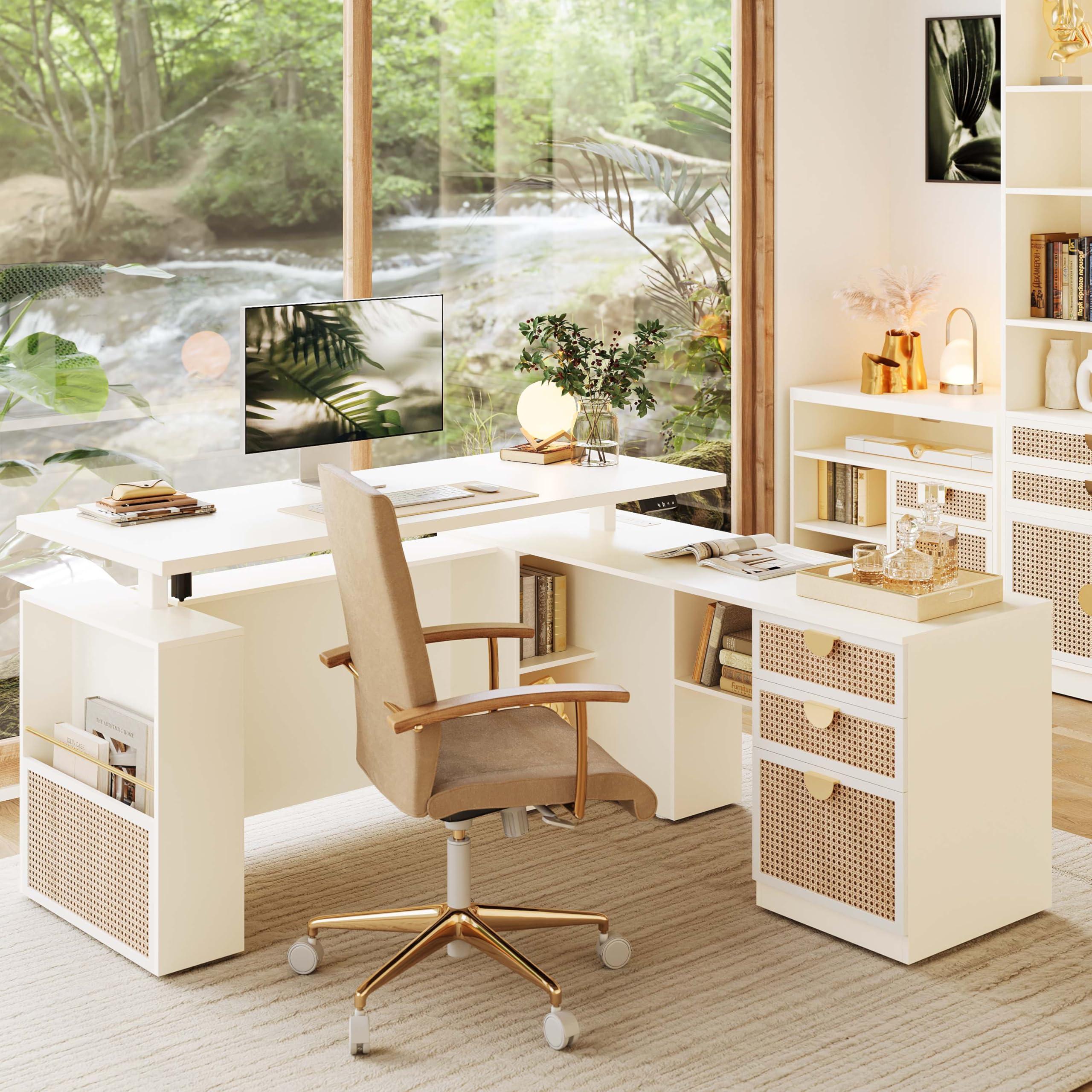 ModernMate 63" Standing Desk with File Cabinet, Privacy Panel, AC/USB, 1.18" Desktop, Executive L Shaped Height Adjustable Desk, Electric Stand Up Table with 3 Drawers, White Rattan