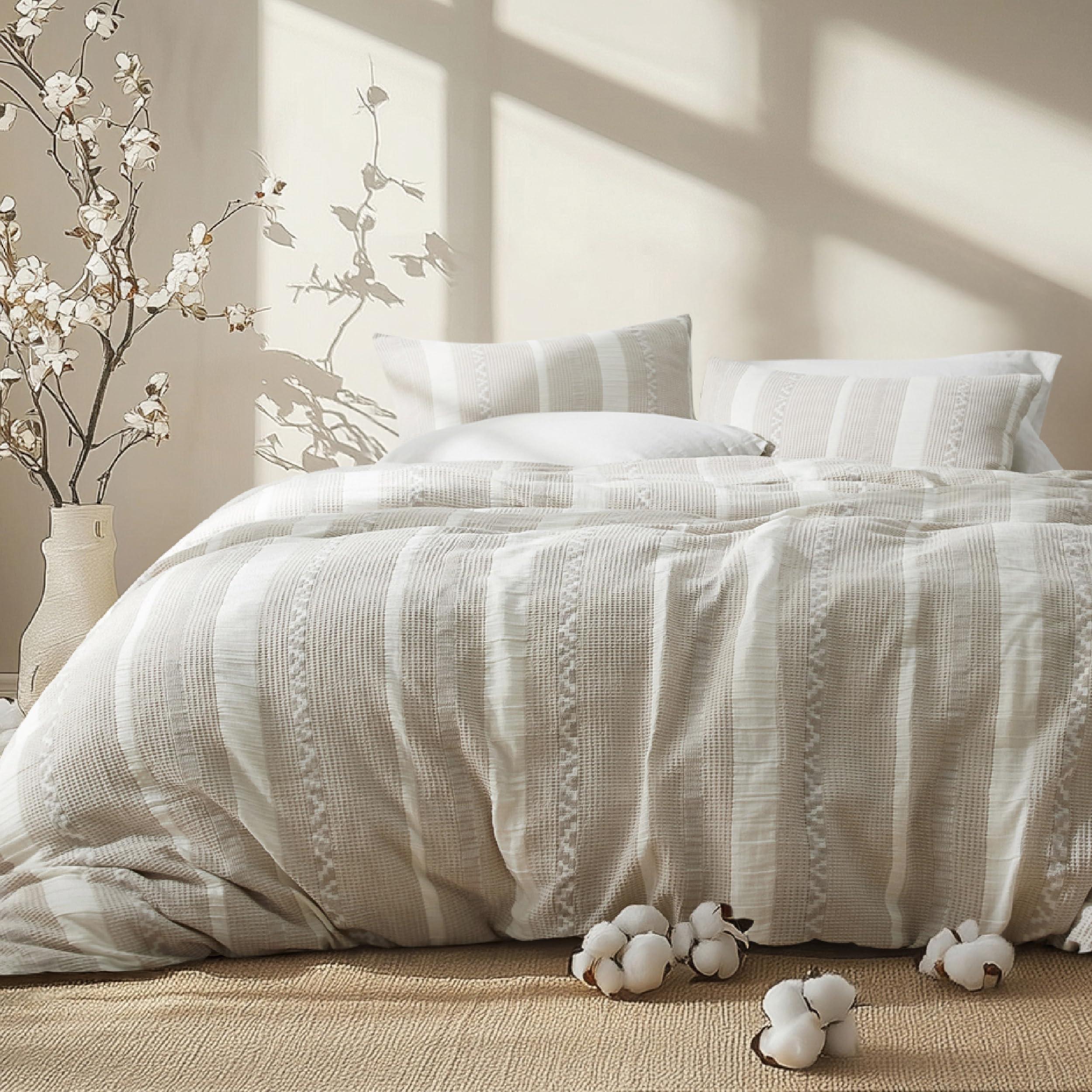 Bedsure Waffle Queen Comforter Set - Linen Soft Cotton Bedding Set for All Seasons, Stripe Fluffy Bed Set 3 Pieces with 1 Waffle Weave Comforter Queen Size and 2 Pillow Shams