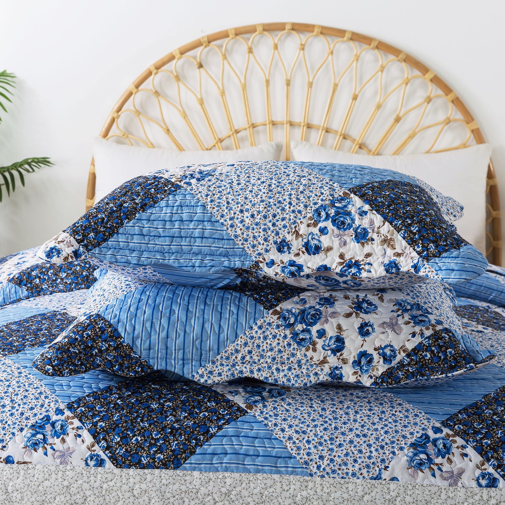 HoneiLife Quilt Set King Size - 3 Piece Microfiber Quilts Reversible Bedspreads Patchwork Coverlets Floral Bedding Set All Season Quilts with Blue and White Porcelain Pattern - Image 5