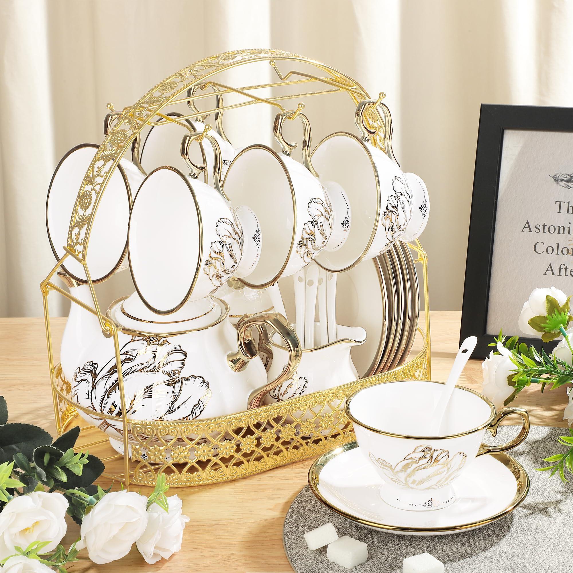 fanquare British Porcelain Tea Coffee Set 22 Piece New Bone China Gold Tulip Tea Service for Afternoon Tea, 6 TeaCup and Saucers with Metal Holder for Home Wedding Birthday - Image 2