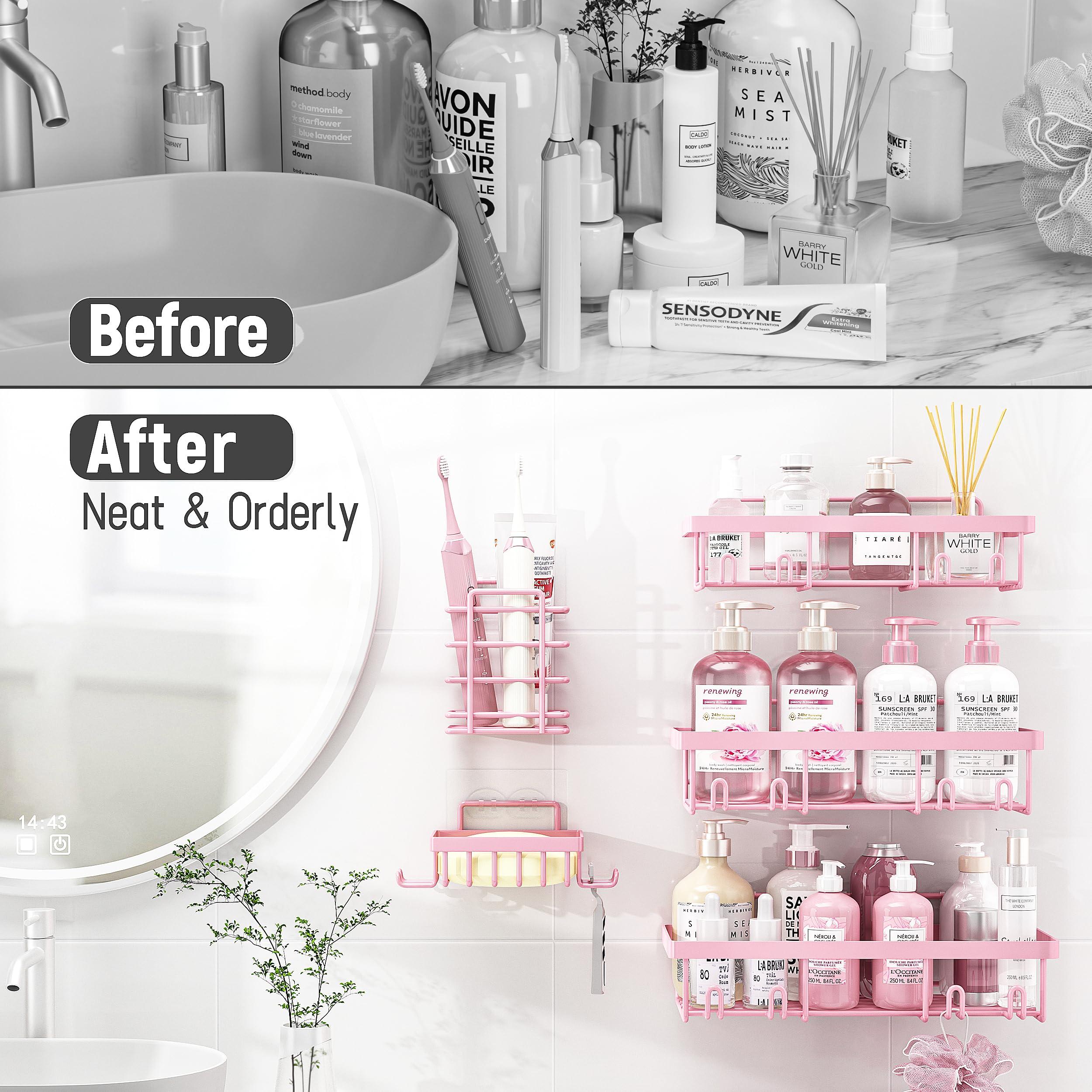 Liuoud 5 Pack Shower Caddy Organizer Rack Shelf for Inside Shower, Adhesive Bathroom Wall Storage Basket Rustproof Stainless Steel Shampoo Holder, Girly Bathroom Accessory Decor Set, Pink - Image 6