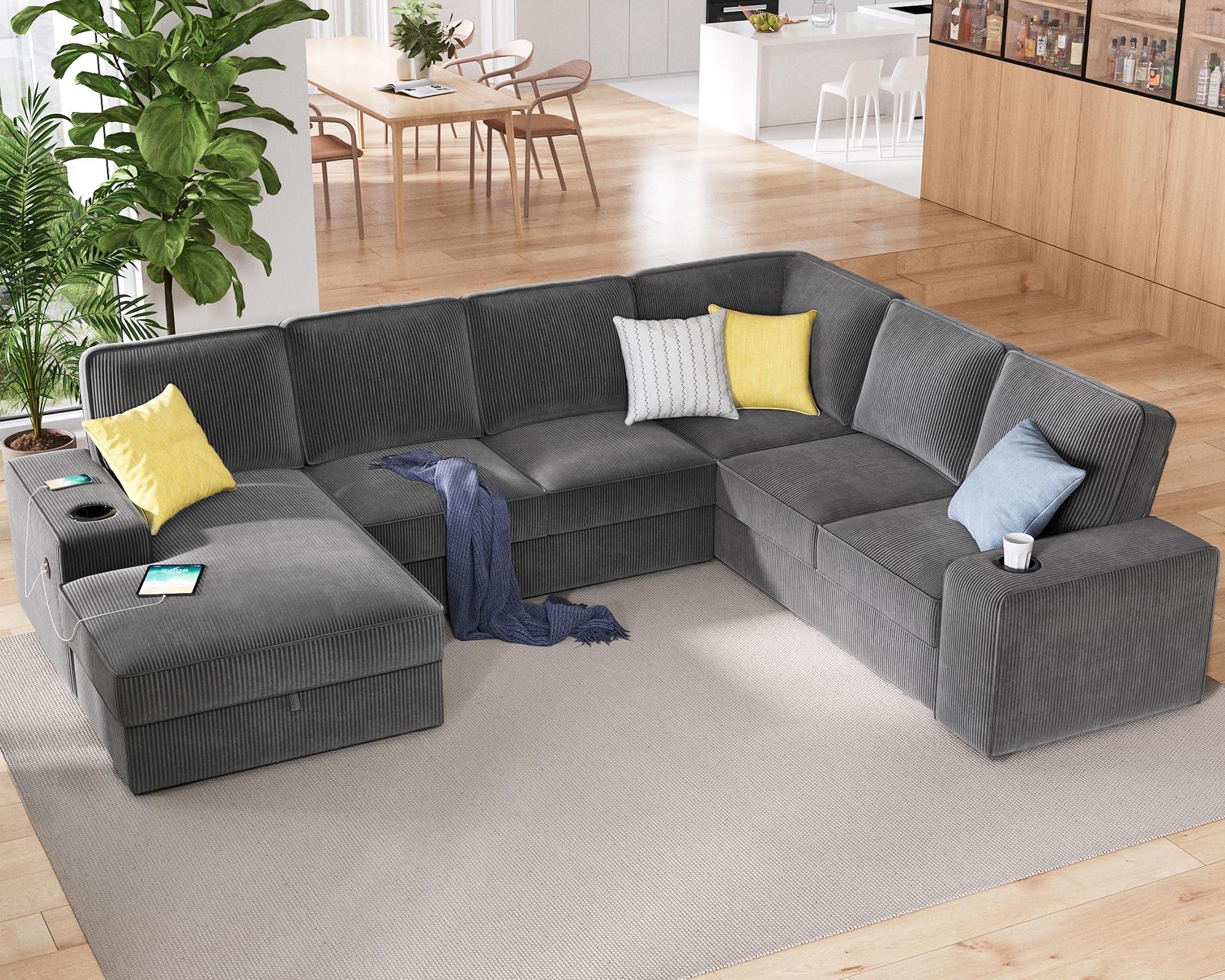 PaPaJet U Shaped Couch, 112 Inch Oversized Couch with Storage Chaise, Sectional Sofa with Cup Holders & 2 USB Ports, Corduroy Grey Sofa Couch