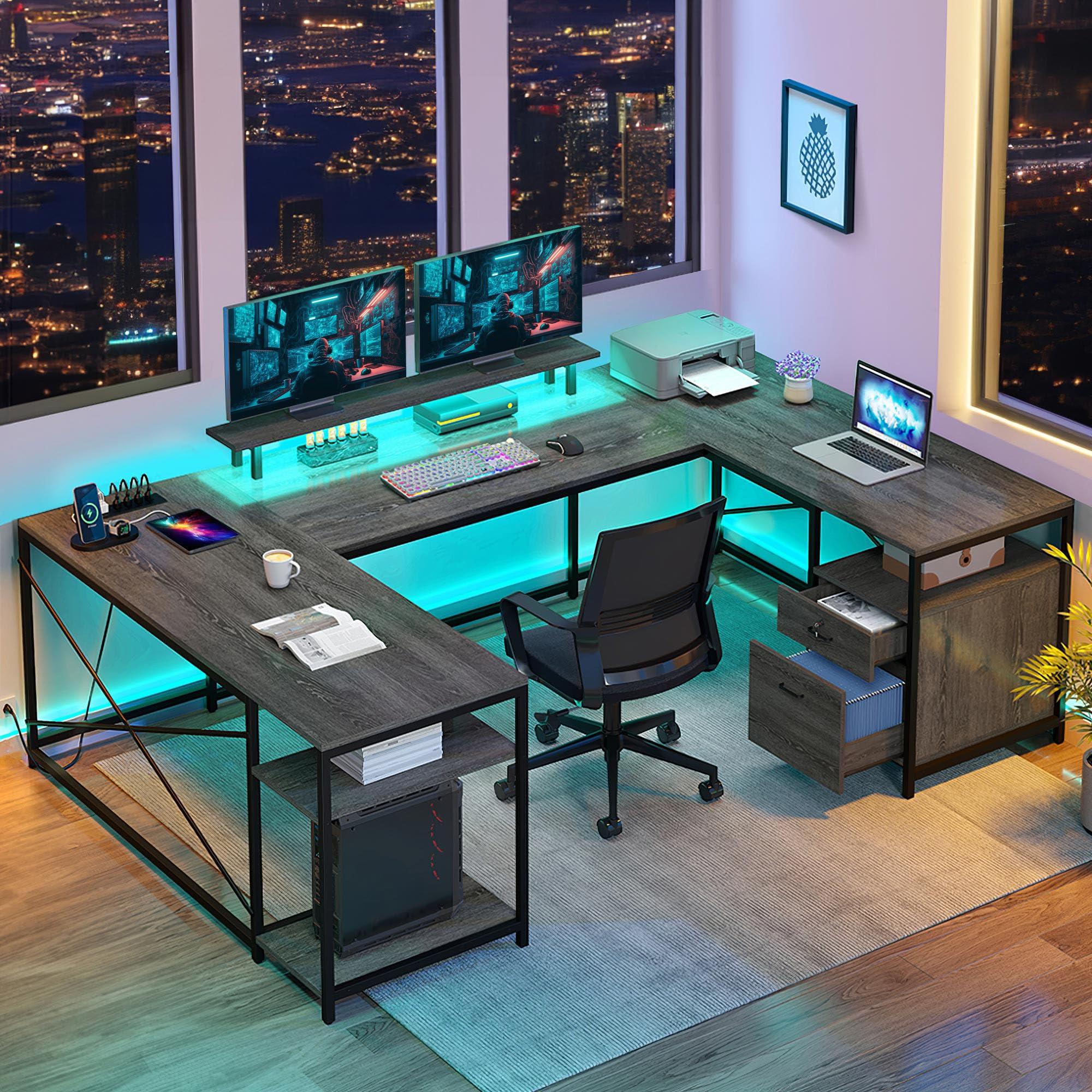 DWVO U Shaped Desk with Drawers, 79" Reversible L Shaped Desk with Power Outlets & LED Lights, Corner Computer Desk with Monitor Stand & Storage Shelves, Grey
