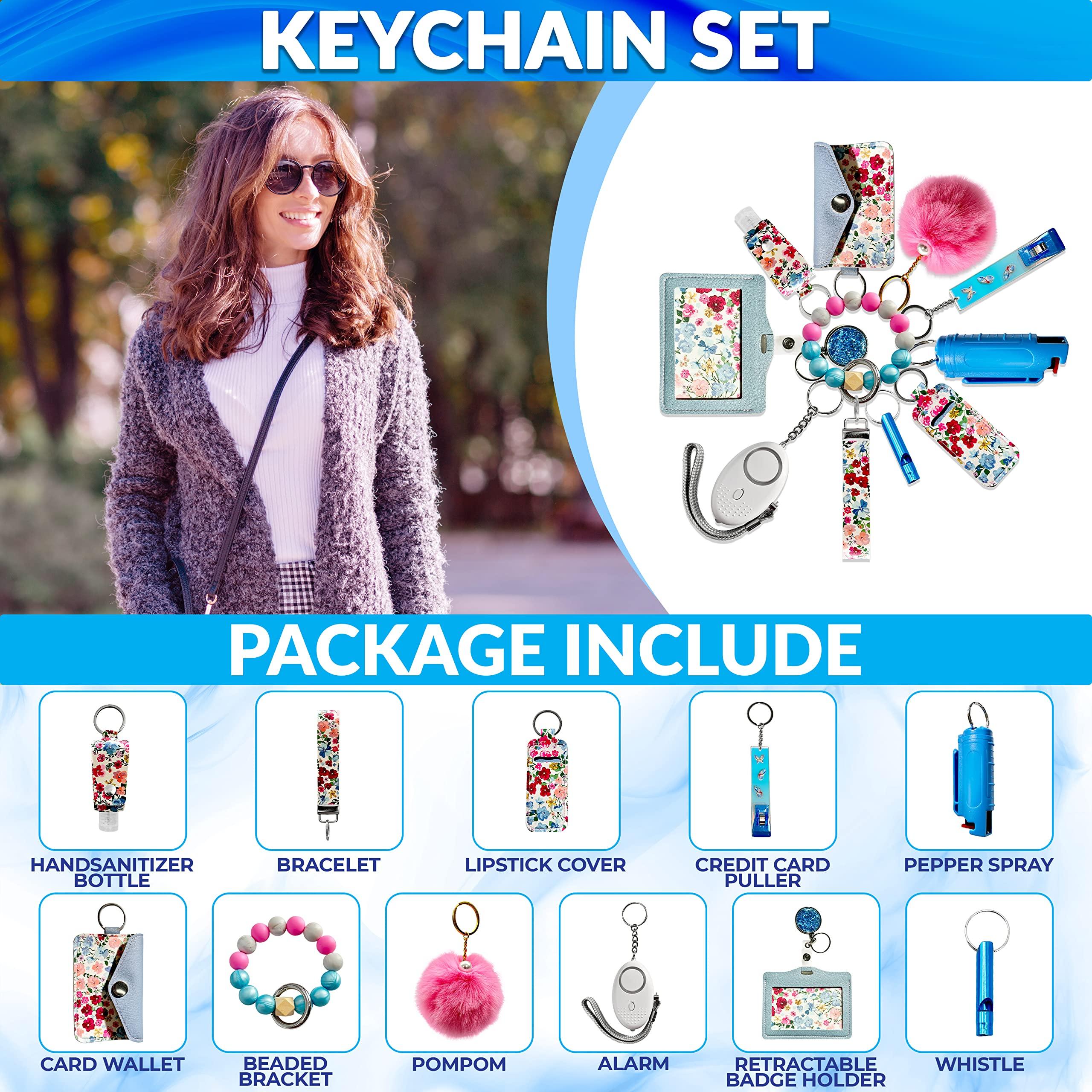 Auxu Keychain Set for Women and Girls Includes Beaded Wristlet, Pom Pom, Credit Card Puller and Personal Alarm - Image 2