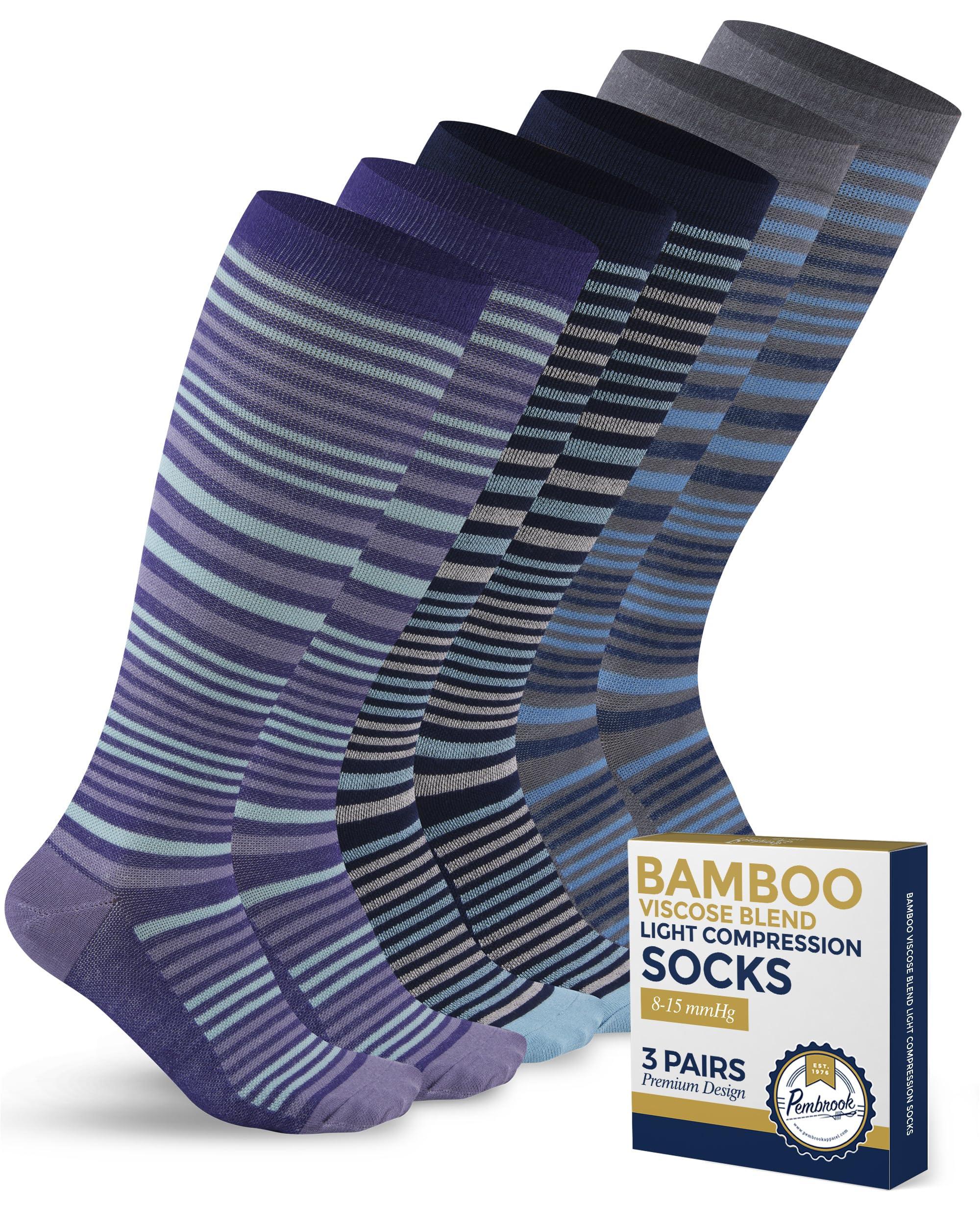 Pembrook Bamboo Viscose Light Compression Socks - 3 Pairs | 8-15 mmhg Compression Socks | Knee High Comfort Support Socks