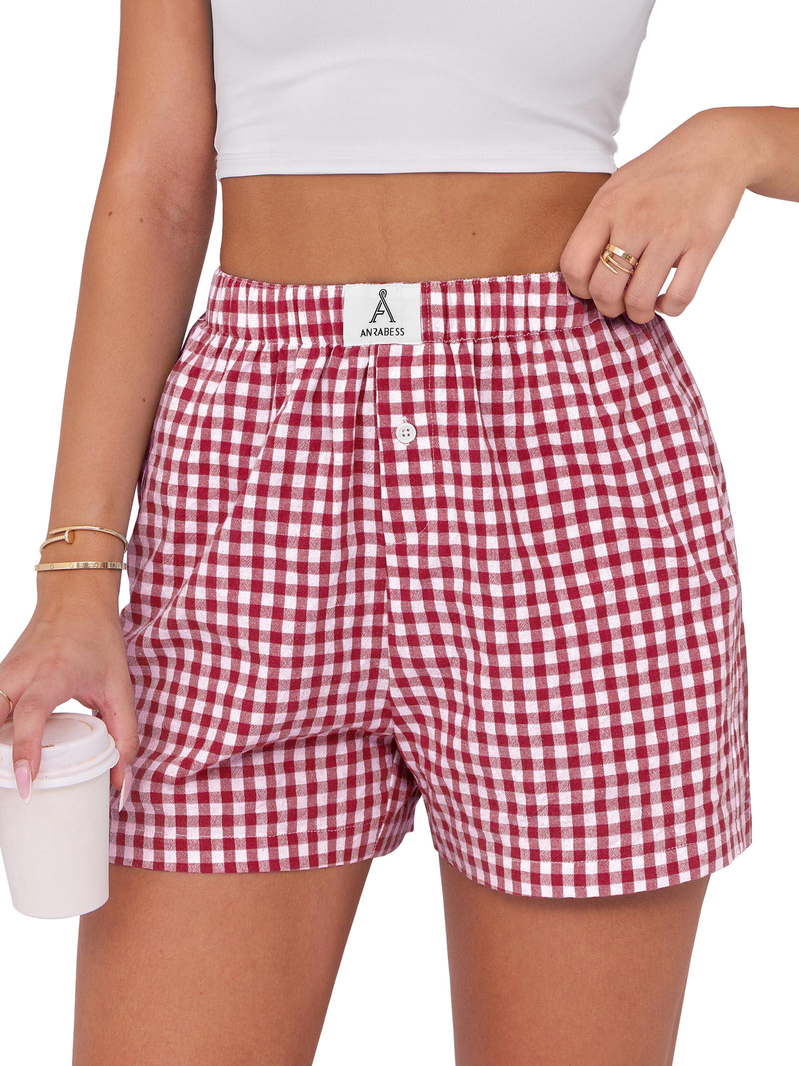 ANRABESS Boxer Shorts for Women Gingham Pajama 2025 Summer Casual Lounge Sleep Plaid Shorts Y2K Beach Bottoms