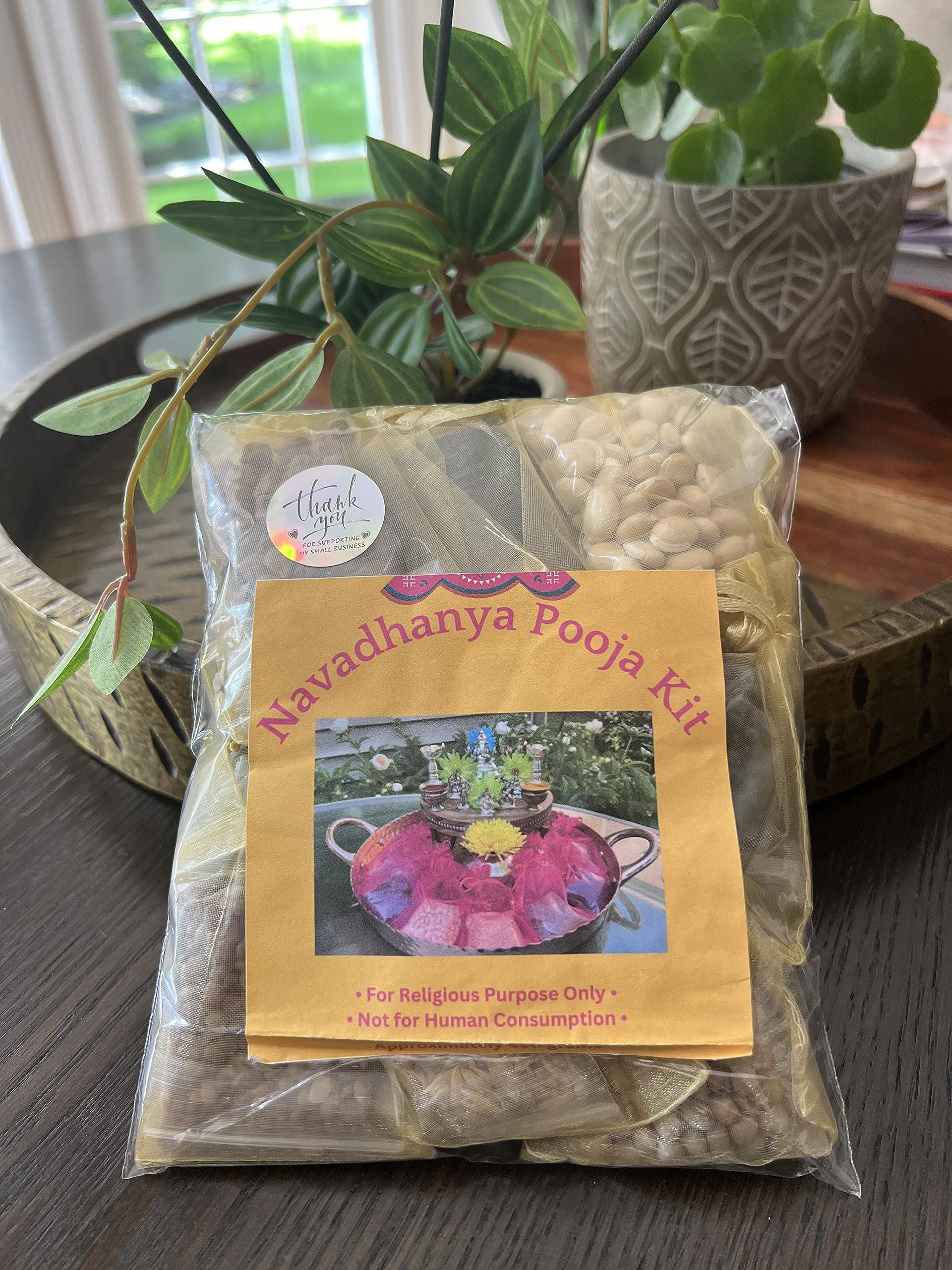 Navadhanya Pooja Kit - With Rice Paddy - Gruhapravesam - Satyanarayana - Navaratri - Navagraha - 9 Grains - 9 Planets - Hindu Ritual - Hinduism. Beautifully packed for home and temple Puja (Navadhanyam, Navadhanyalu). These Navadhanya's are offered during Homa, Puja , Gruhapravesam and house warming ceremony for Navagraha Shanthi. - Image 4