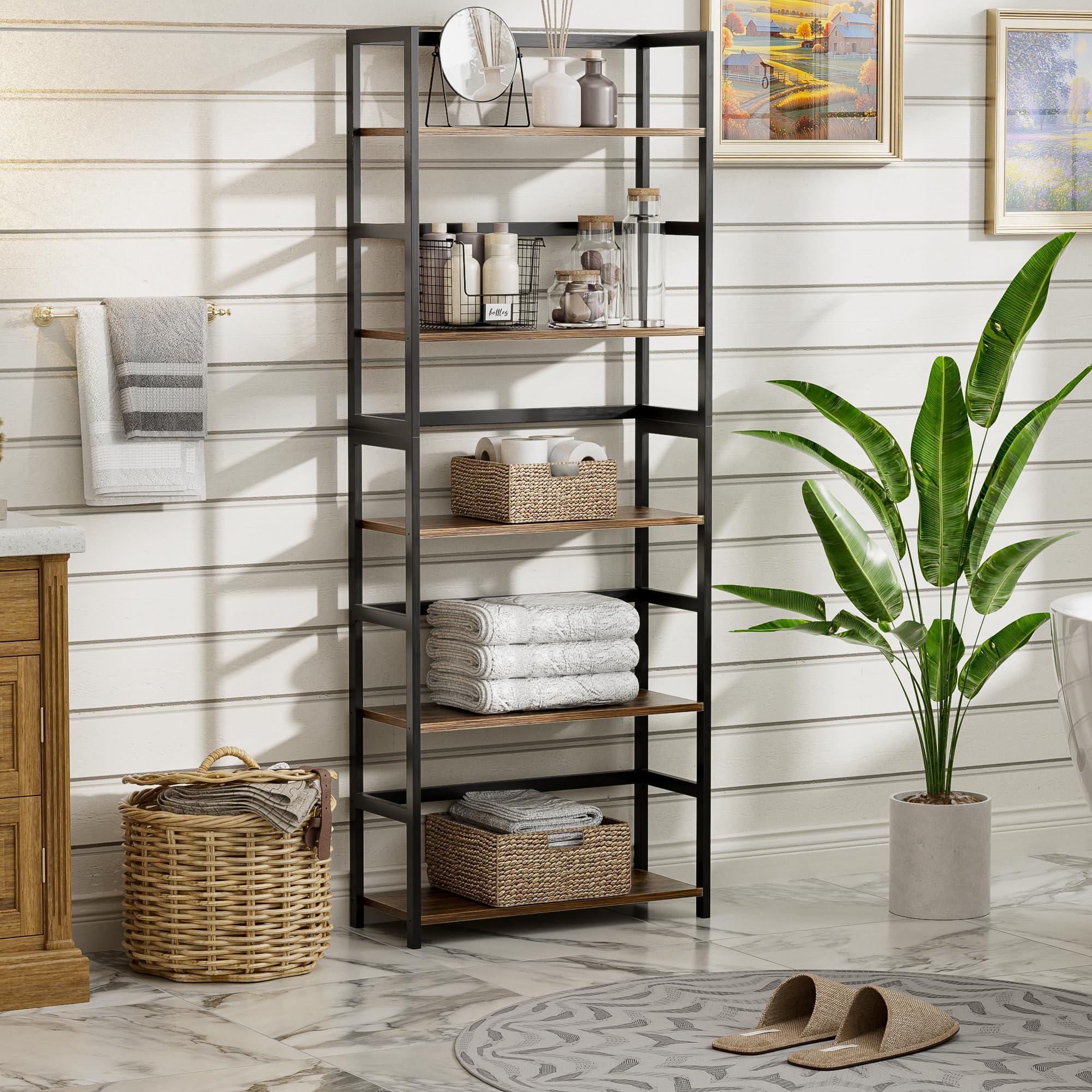 vovala 5-Tier Bookshelf, Industrial Bookcase with Bamboo Frame, Modern Display Standing Shelf Unit, Tall Wood Storage Organizer for Living Room, Home Office, Rustic Brown - Image 5