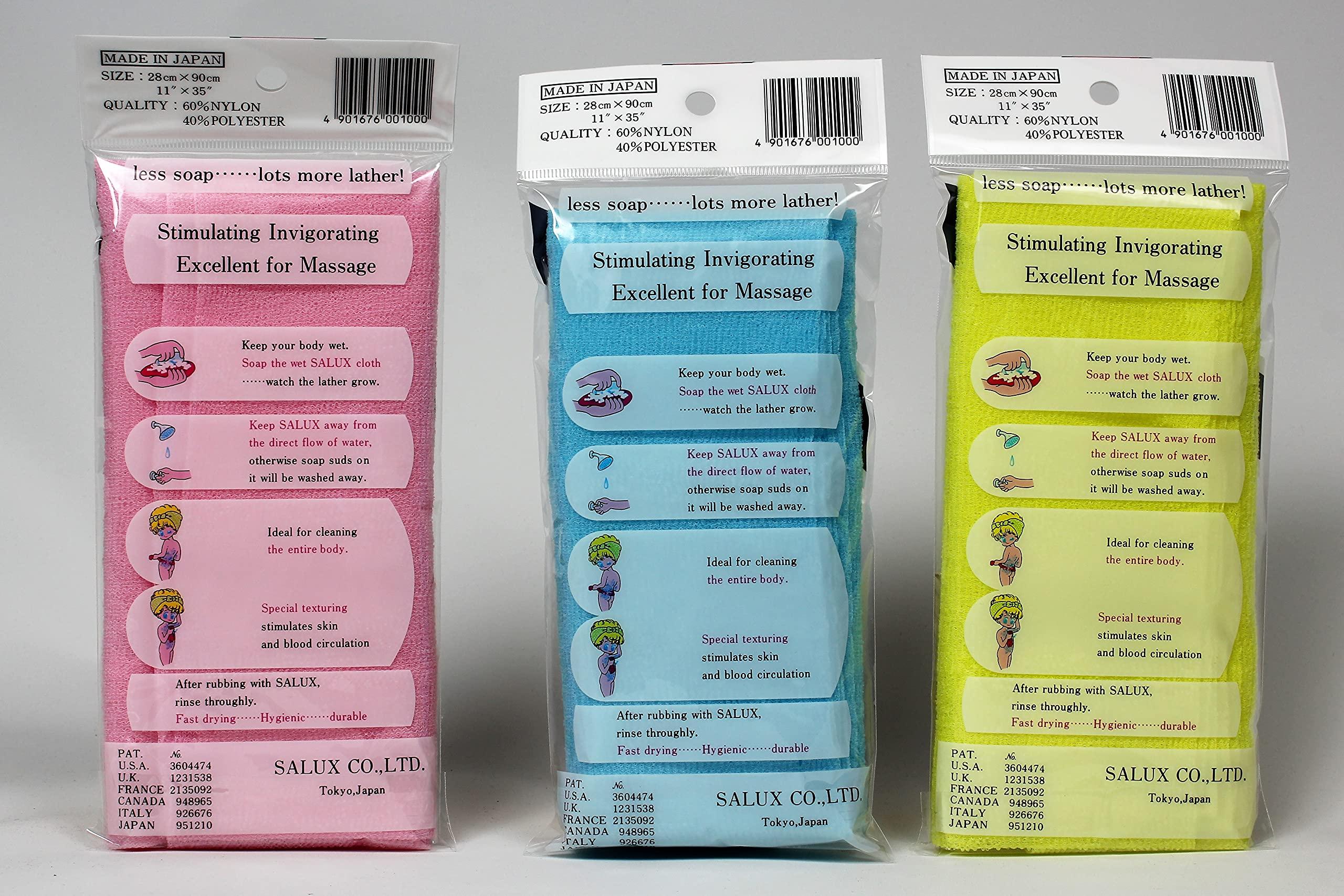 SALUX Nylon Japanese Beauty Skin Bath Wash Cloth Towel 3 Count Pink Yellow Blue - Image 3