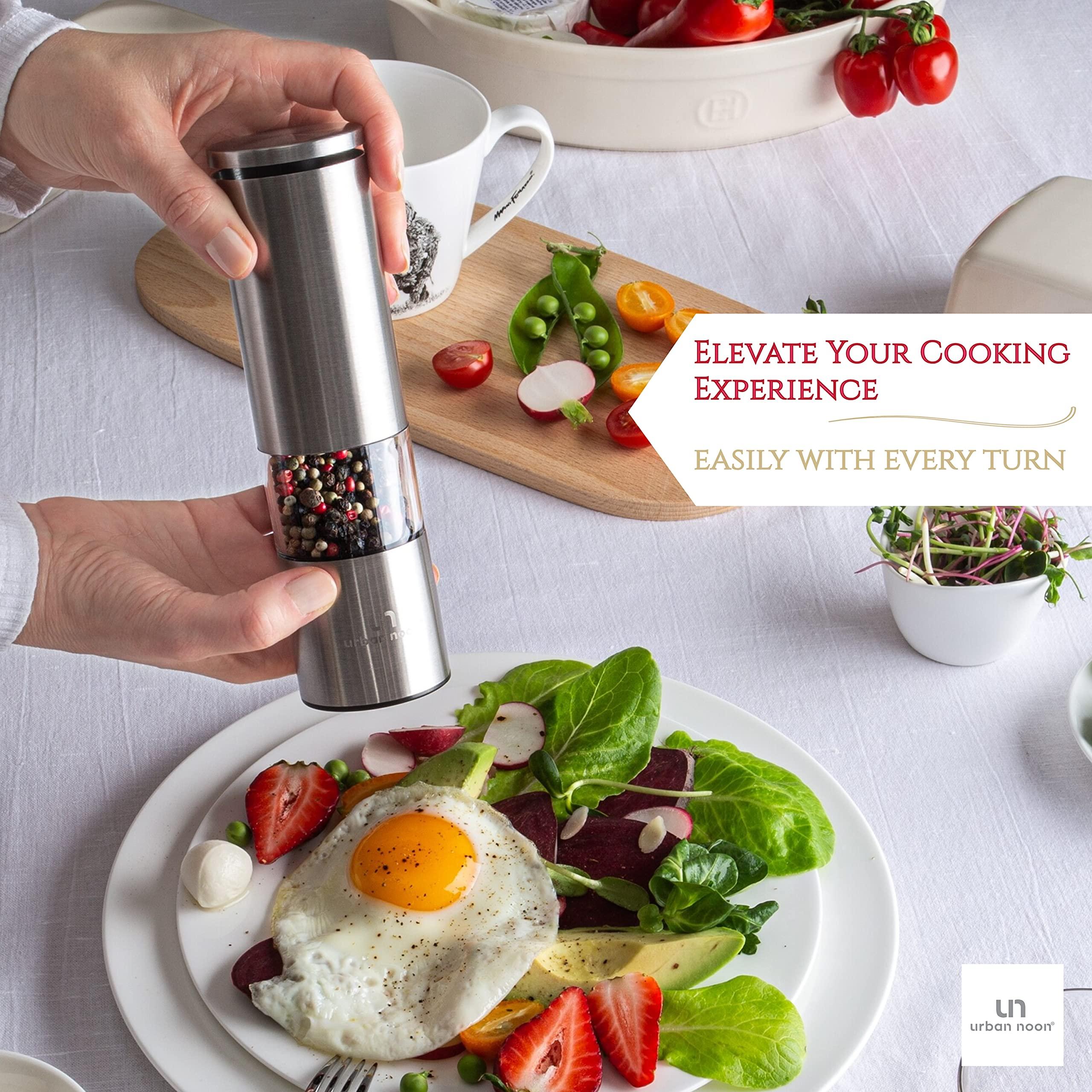 Salt and Pepper Grinder Set - Stainless Steel Pepper Grinder and Salt Grinder with Tray in Luxurious Gift-Box - Manual Mills with Ceramic Grinders and Adjustable Coarseness (Set of 2 plus Tray) - Image 2