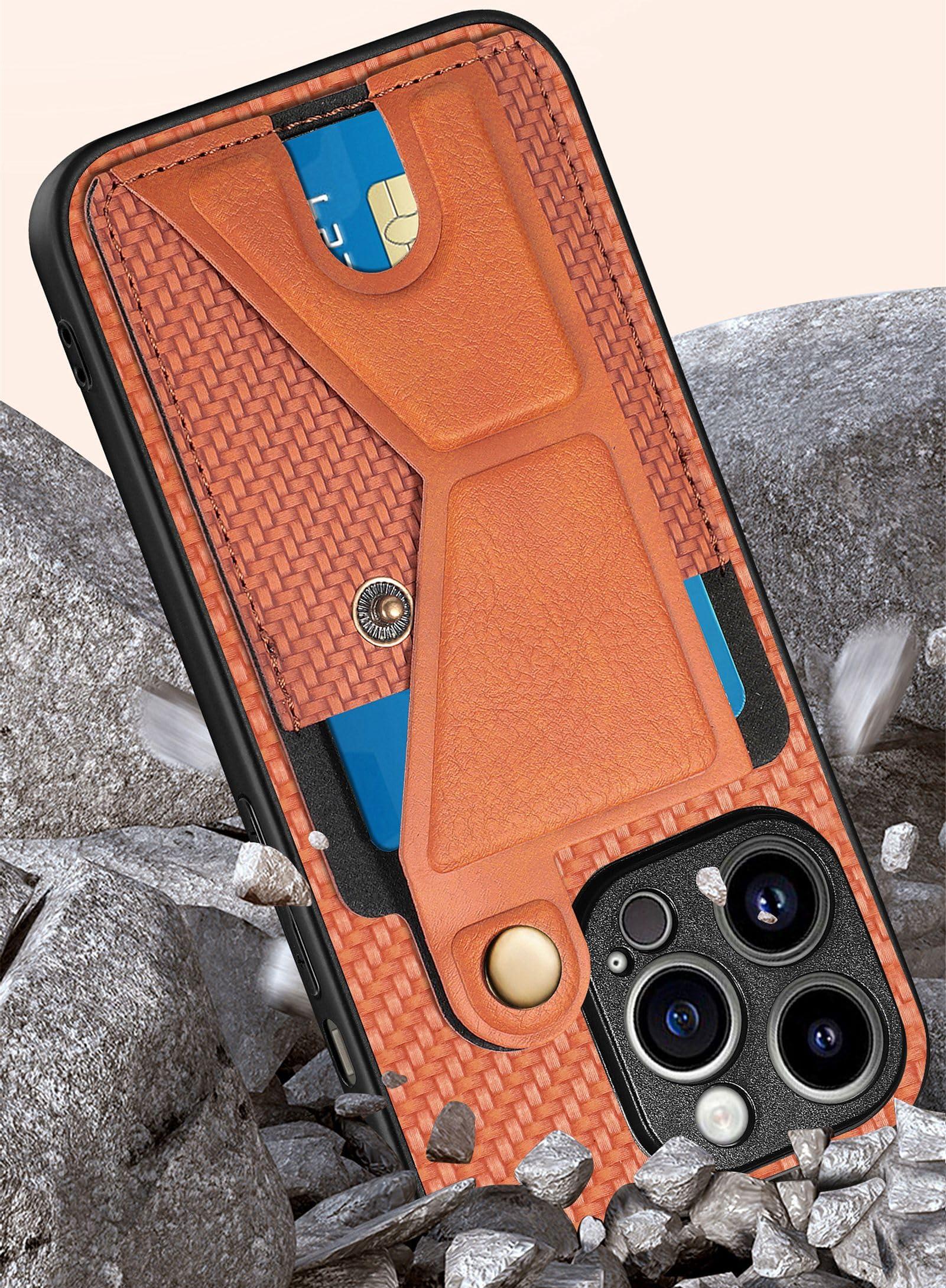 GuluGuru for iPhone 16 Pro Max Leather Phone Case Weave Pattern Back Cover, Flip Folding Kickstand Bracket Ring, Classic Buckle Button, Card Holder Slot, Support Magnetic Holder Brown - Image 9