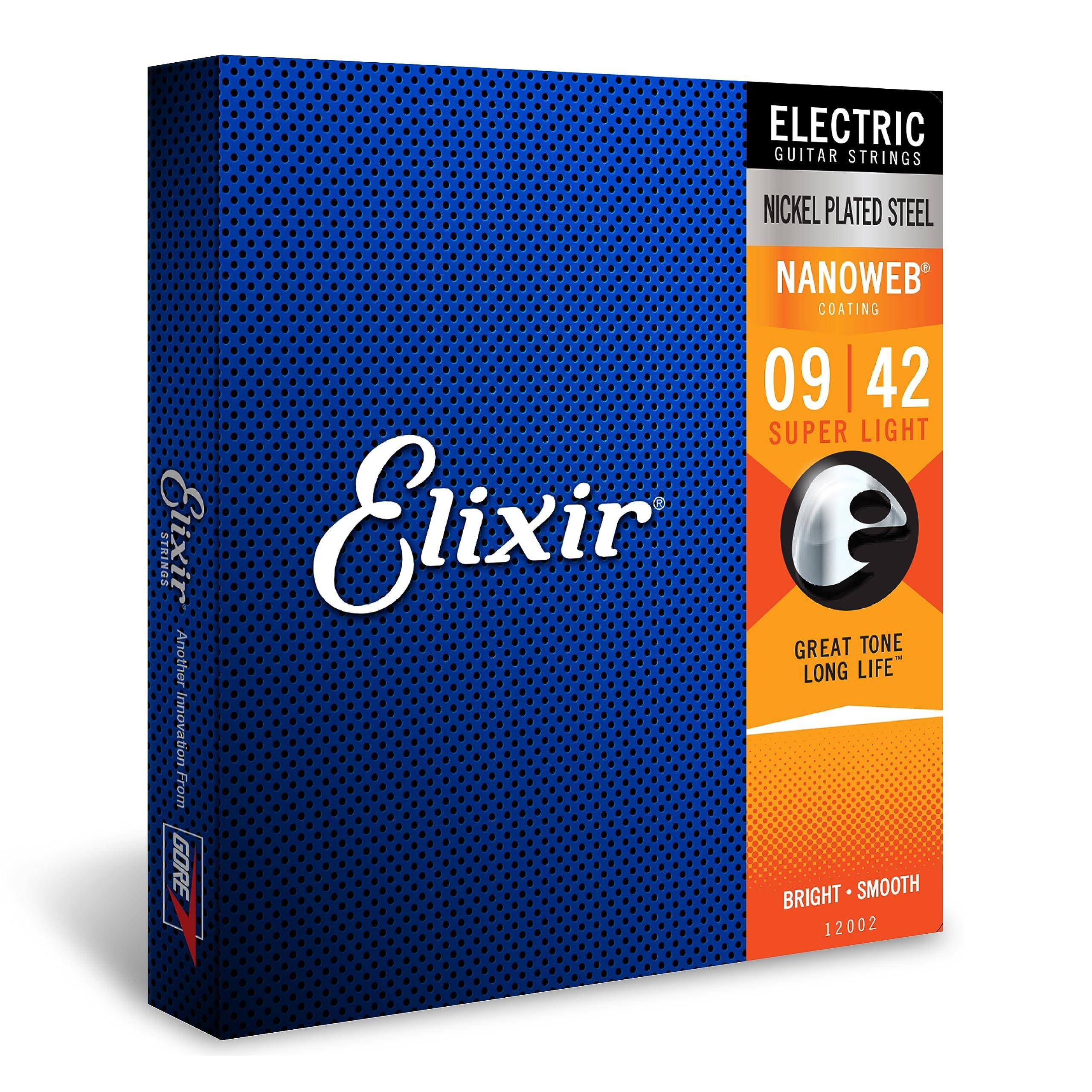 Elixir Strings, Electric Guitar Strings, Nickel Plated Steel with NANOWEB Coating, Longest-Lasting Bright Tone with Comfortable Feel, 6 String Set, Super Light 9-42