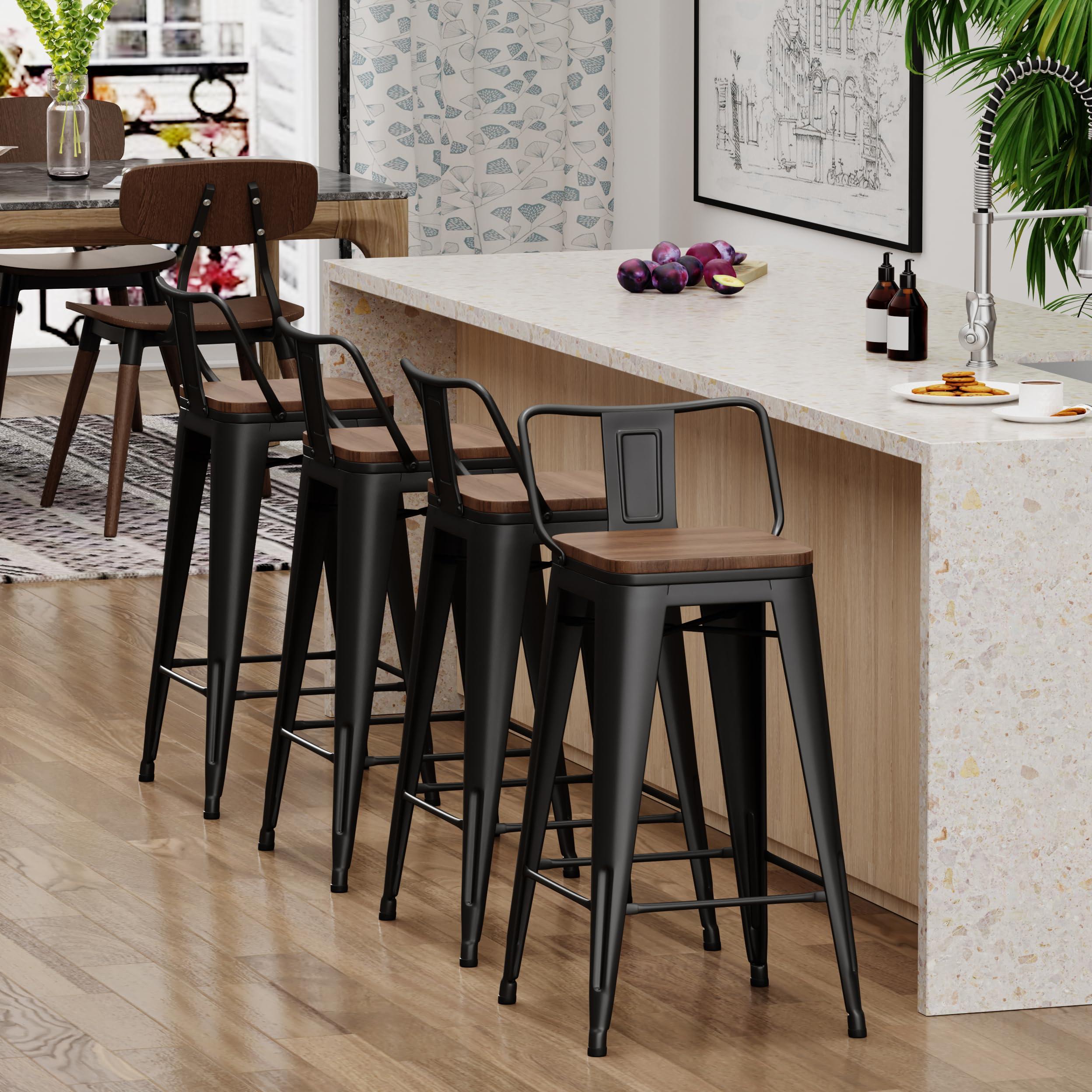 Yongchuang 30 inch Bar Stools Set of 4 Bar Height Metal Barstools with Wood Seat Low Back Kitchen Bar Chairs Matte Black - Image 6
