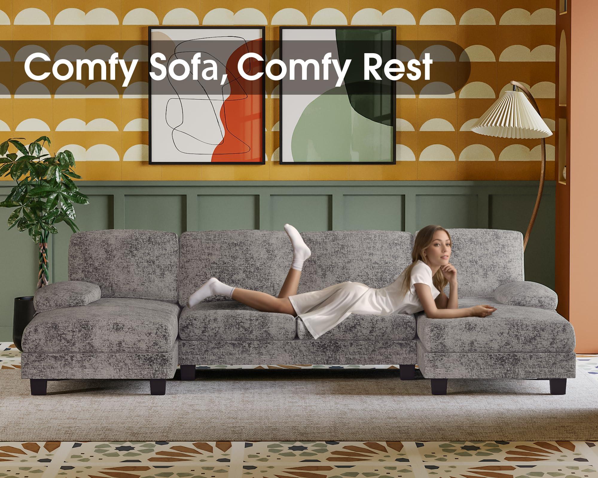 Furmax Sectional Couches for Living Room, U-Shaped Sofa Couch with Linen Fabric, 4 Seat Sofa Set with Double Chaise for Apartment (Fabric, Grey) - Image 4