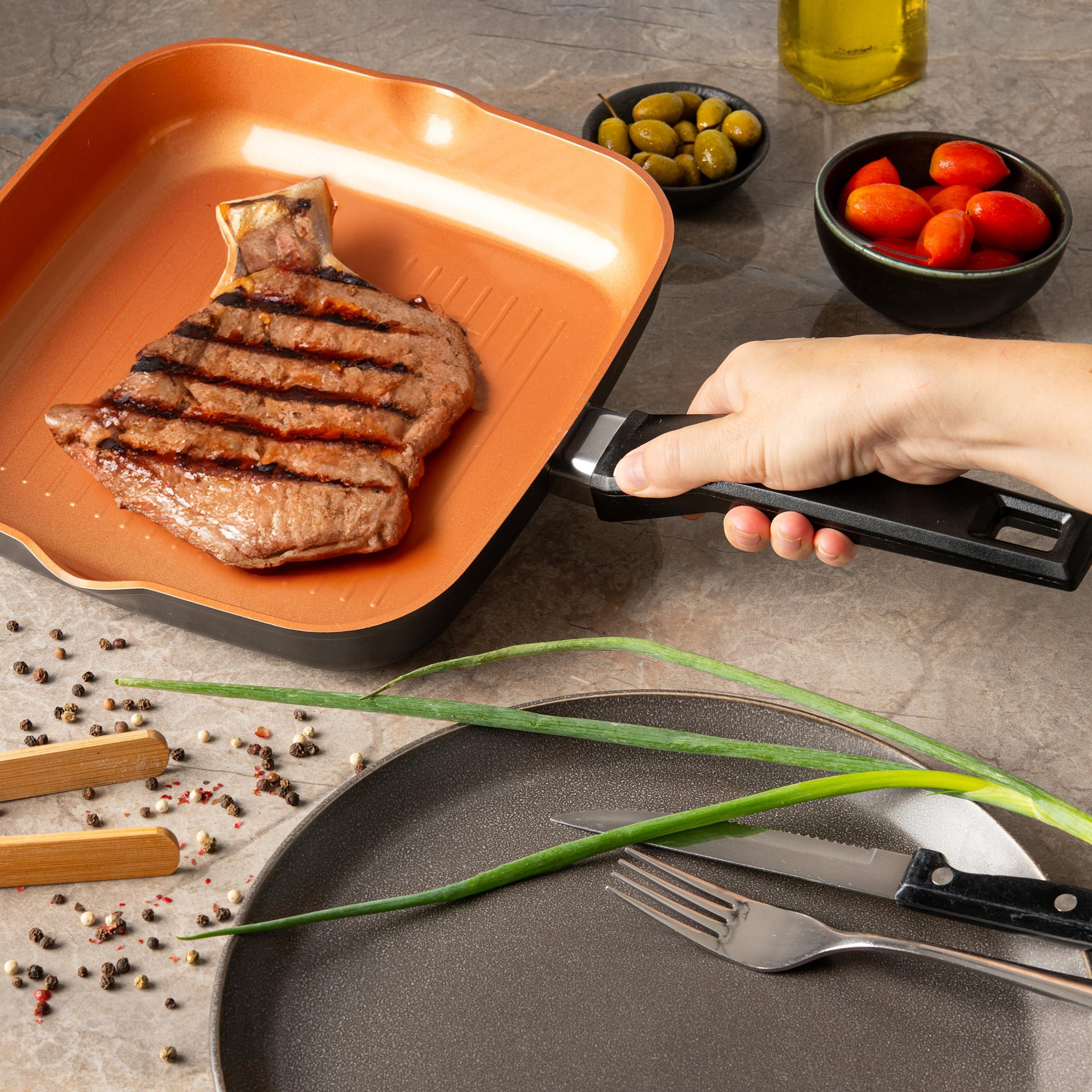 Moss & Stone Square Grill Pan For Indoor Cooking, 9.5In Frying Pan Copper Non-Stick Saute Fry Pan, Induction Copper Pan for Meats & Vegetables, Aluminum Griddle Nonstick Stove Top Grill Pan - Image 2