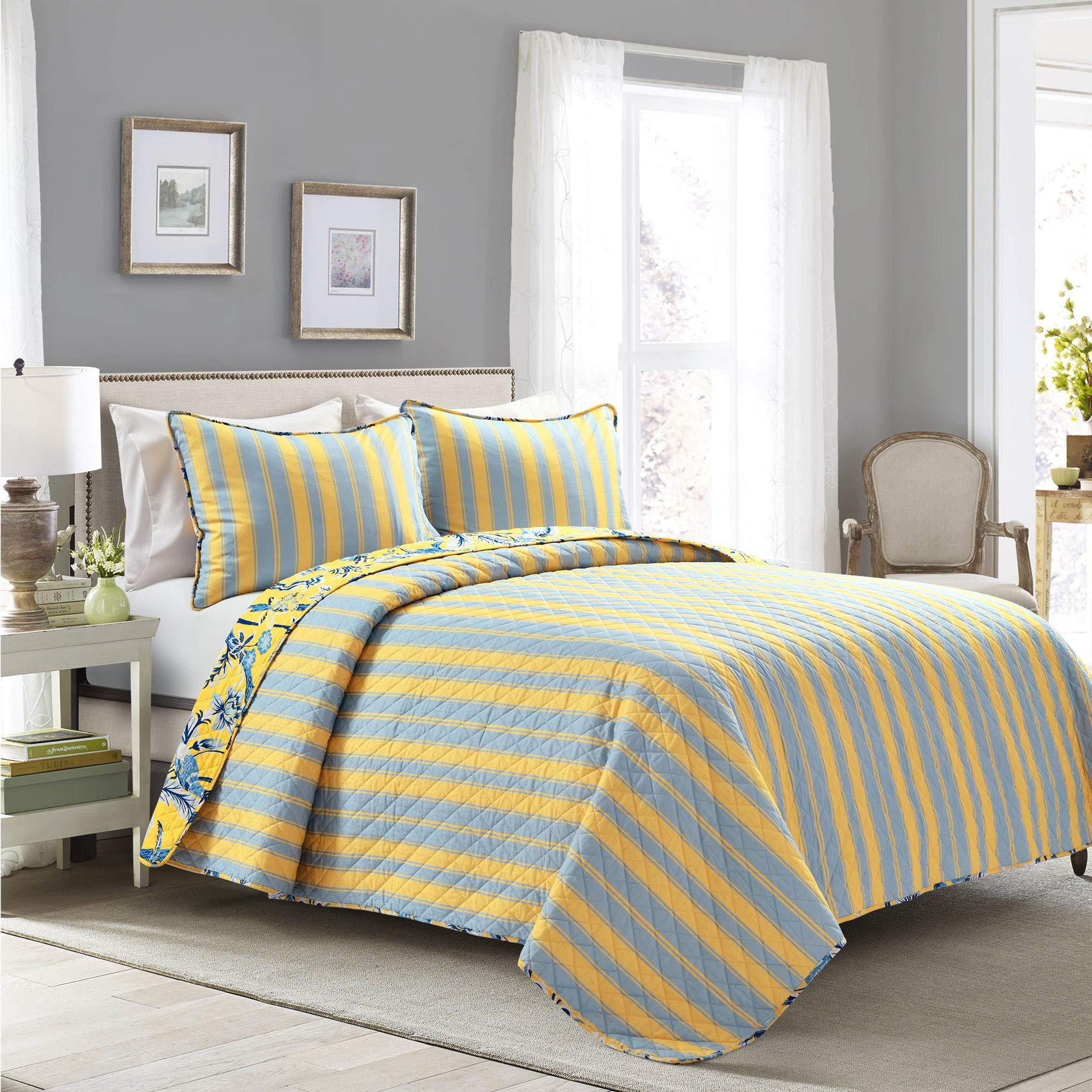 Lush Decor Dolores Reversible Cotton Quilt Set, 3 Piece Set, Full/ Queen, Yellow & Blue - Toile Bedding Set - Floral & Bird Quilt - Cottage, Maximalist & French Country Bedroom Decor - Image 2