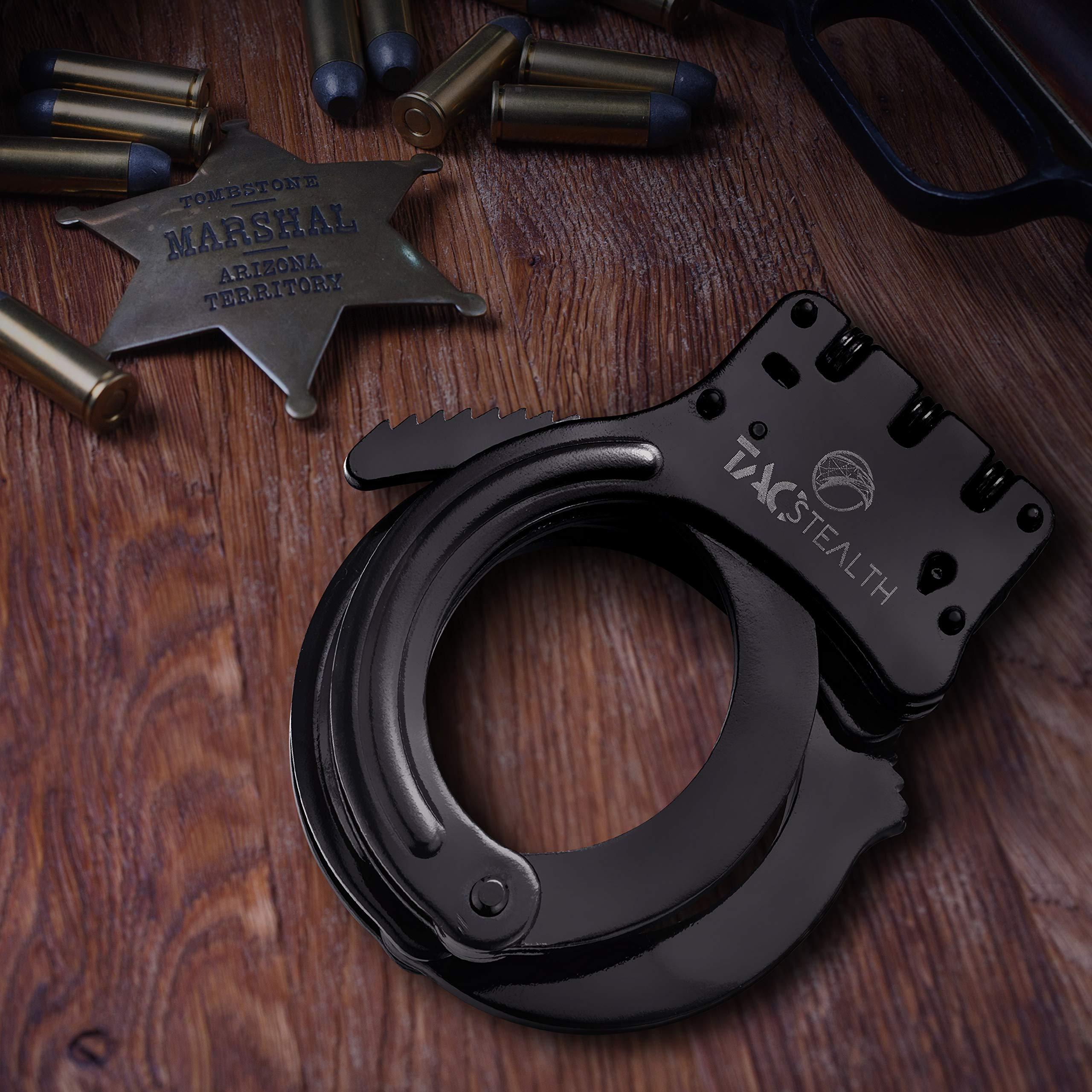 TacStealth Double Lock Hinged Handcuffs with Two Keys & Case | Heavy Duty Black Steel Professional Grade | Bend/Break Free Secure - Image 3