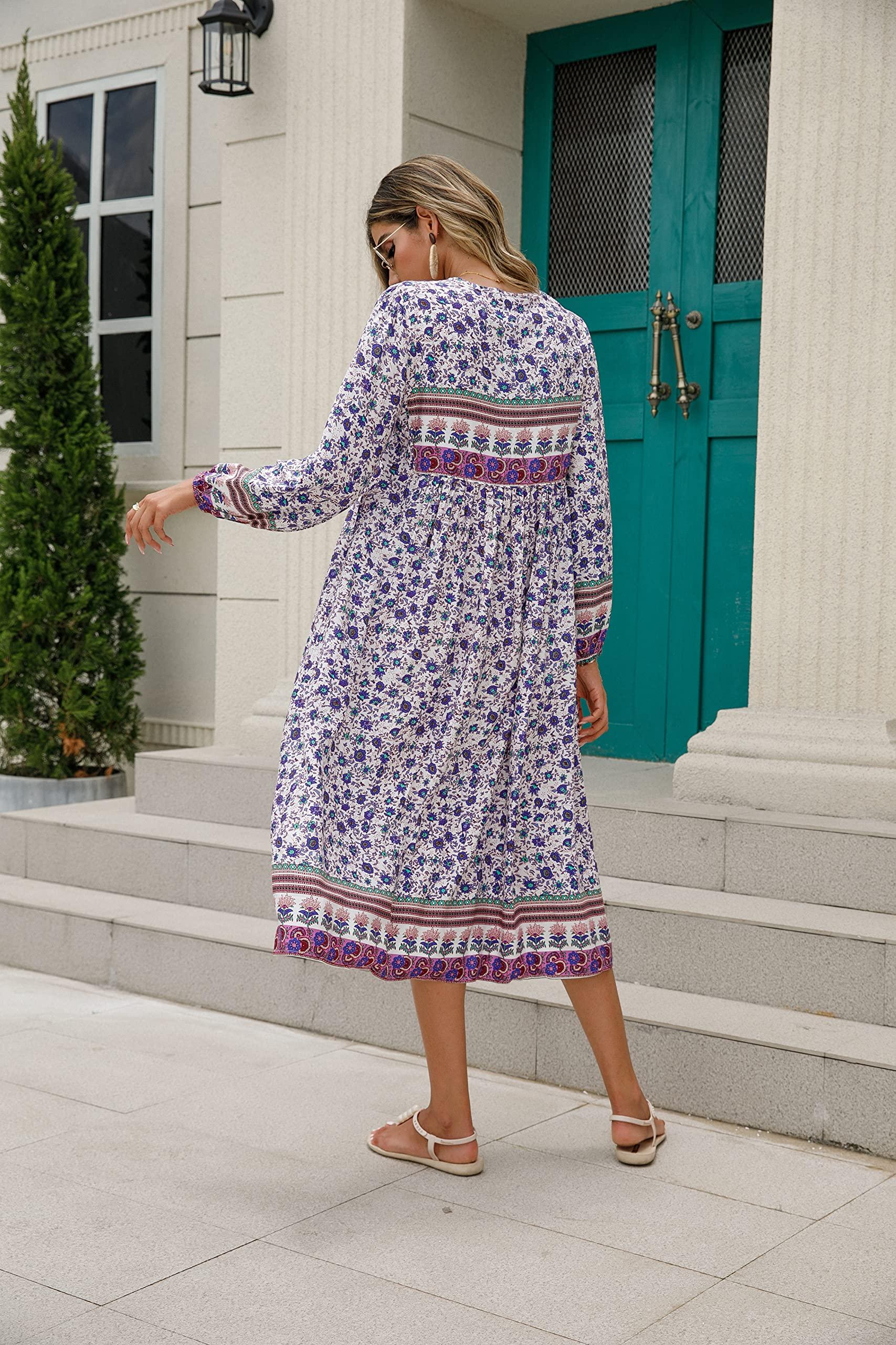 R.Vivimos Women's Long Sleeve Floral Print Retro V Neck Tassel Bohemian Midi Dresses - Image 2